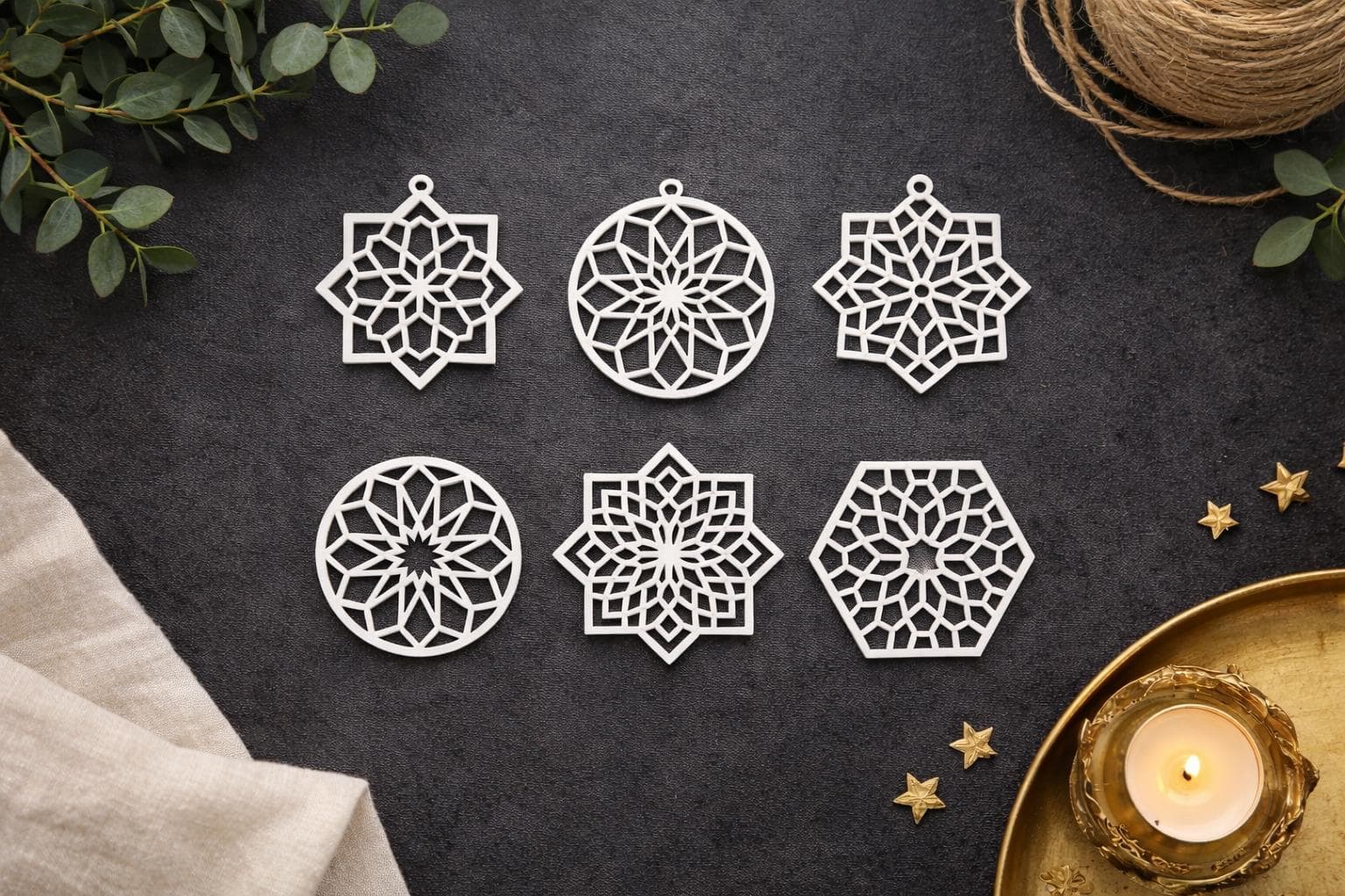 Ramadan Tree Ornaments Set of 6 | Islamic Geometric Decorations | Eid & Ramadan Home Decor