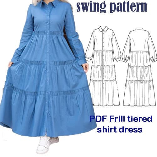 Frill tiered shirt dress Digital PDF Sewing Pattern /Maxi Long Sleeve/Size S to XXXL // Téléchargement instantané avec 6 tailles imprimables
