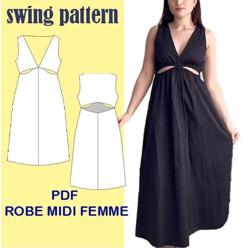 Robe midi a manche découpées ,avec poches /Patron de couture numérique PDF/Taille XS-XL/Téléchargement instantané avec 5 tailles imprimables