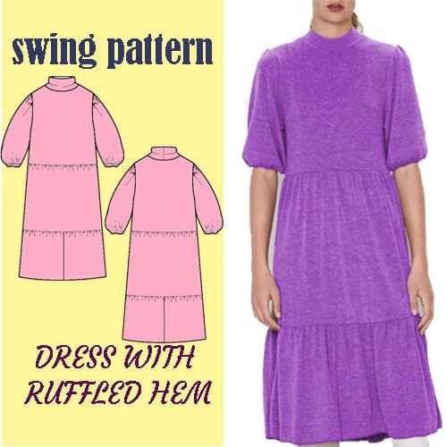 The Cozette Midi Winter dress with high collar and short sleeves. Ruffled hem Digital PDF Sewing Pattern // SIZE S-M-L-XL