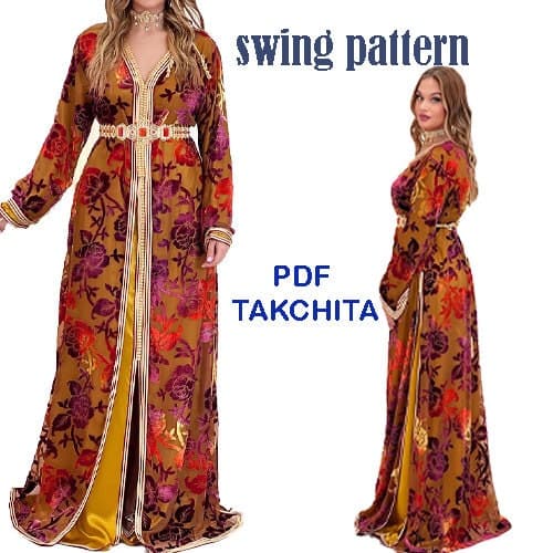 PDF swing pattern TAKCHITA Marocaines - Muslim dress,caftan clothing for women, 6 Printable Sizes S--XXXL-pdf A4-pdf A0