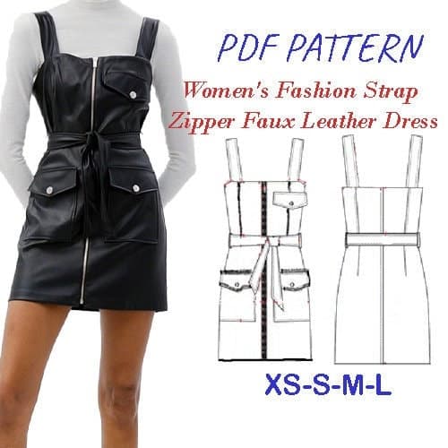 Women's Fashion Strap Zipper Faux Leather Dress/ pdf pattern XS-S-M-L/ Sleeveless Dress / Cocktail Dress / Evening Dress / Autumn and winter