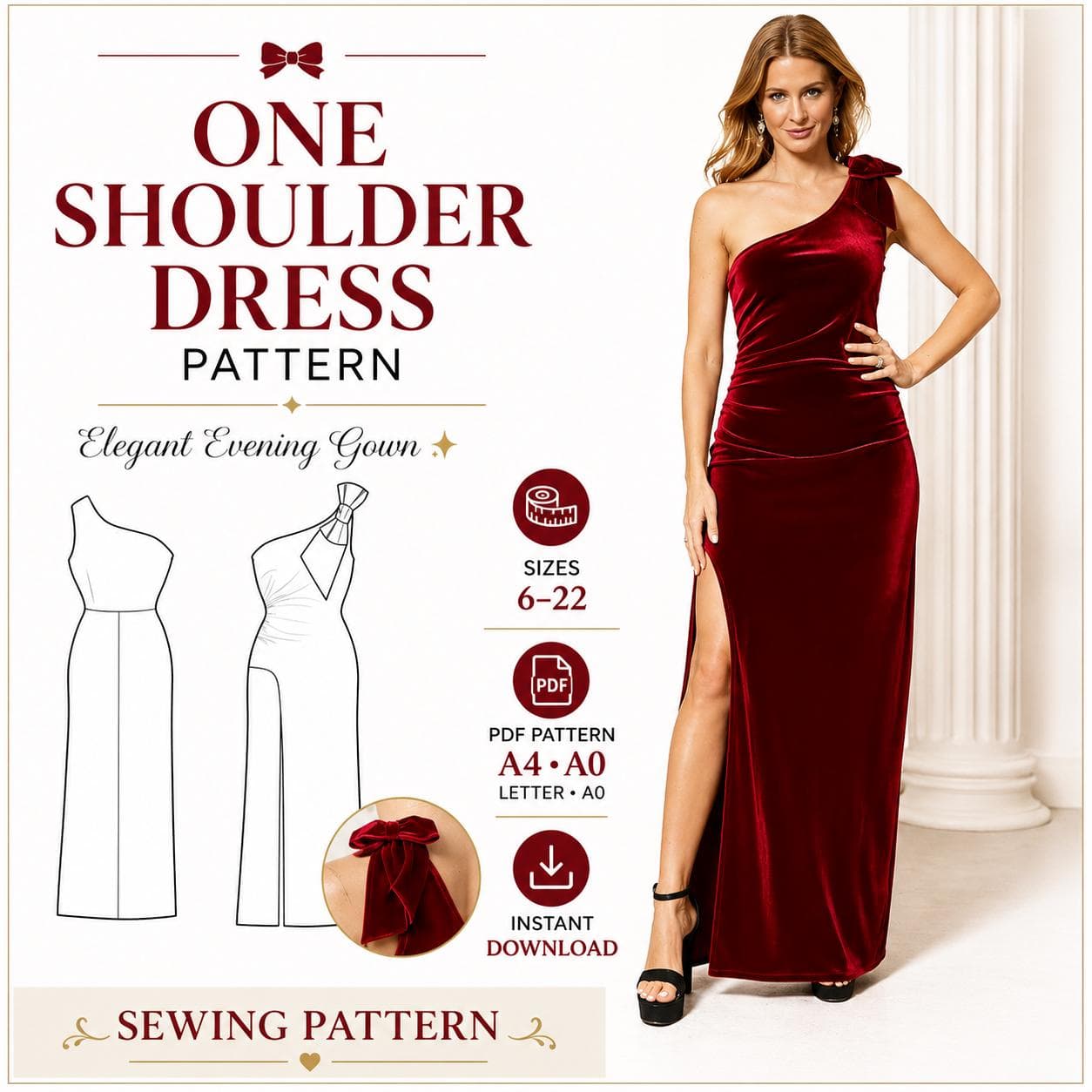 Zeo one Shoulder Dress Sewing Pattern PDF, Evening Gown Pattern, Asymmetrical Dress with Bow, Slit Dress,Sizes 6-22, A4 A0 Instant Download