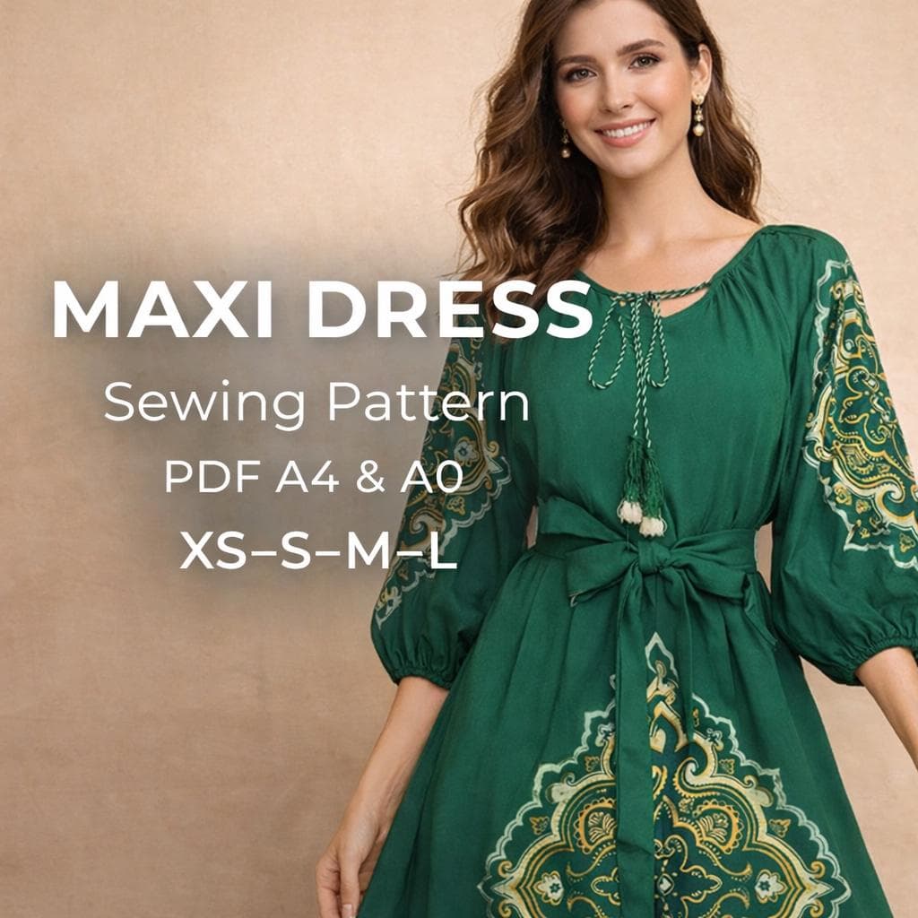Patron de couture PDF A4 A0 pour robe maxi à manches longues |  manches ballon | Encolure froncée | ethnique bohème | Tailles XS–S–M–L