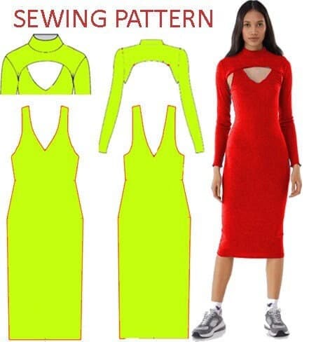 Open front and back  Rib Midi Dress With Sleeves Women Digital PDF Sewing Pattern  // Size XS-XL // Instant Download with 5  Printable Sizes