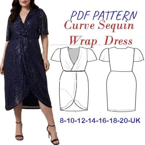 Sequin Twist Wrap Dress pdf sewing pattern/ocassion sequin knotted dress , formalwear above the ankle dress, prom dress /sizes 8---20 uk