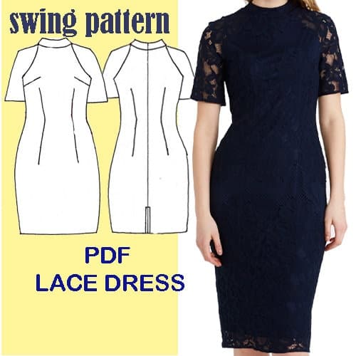 Pdf sewing pattern Lace Dress Beautifully form fitting//Lace dress with internal lining except for the sleeves// download sizes UK T6 to T22