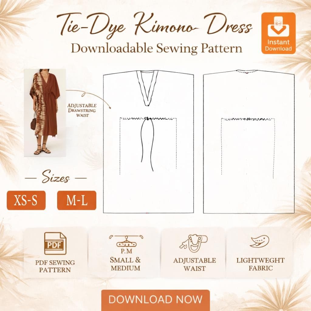 Kaftan pdf Sewing Pattern with V-neck. Oversized Butterfly Dress with Belt | Digital PDF Sewing Pattern size( XS-S)-(M-L)