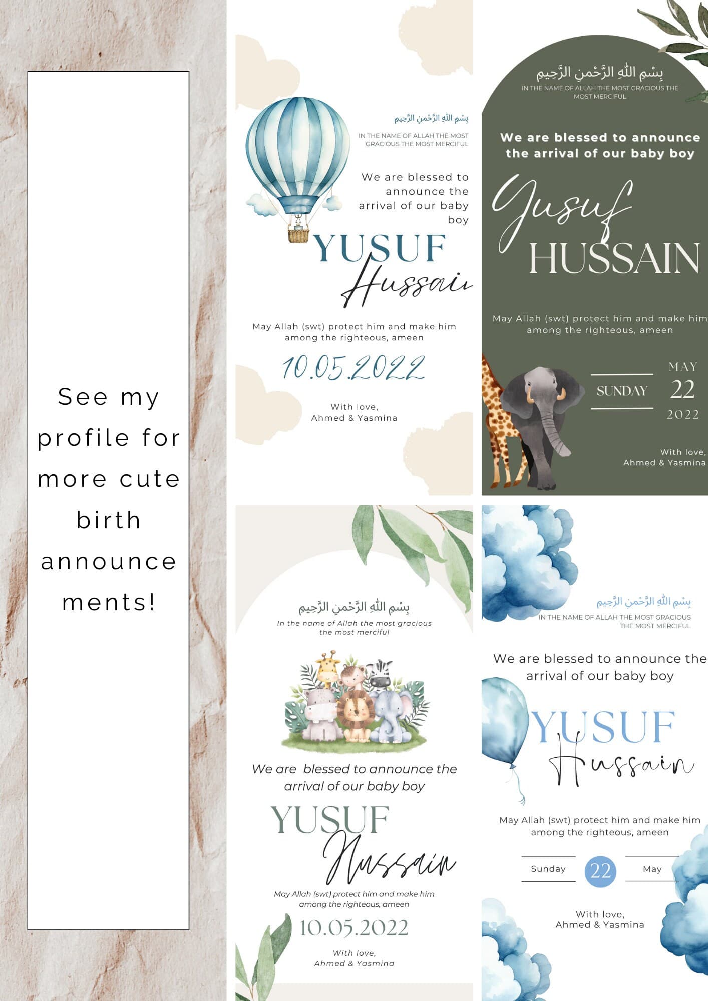 Owl Muslim Baby Boy Birth Announcement | Islamic Canva Template (Digital) - image 5