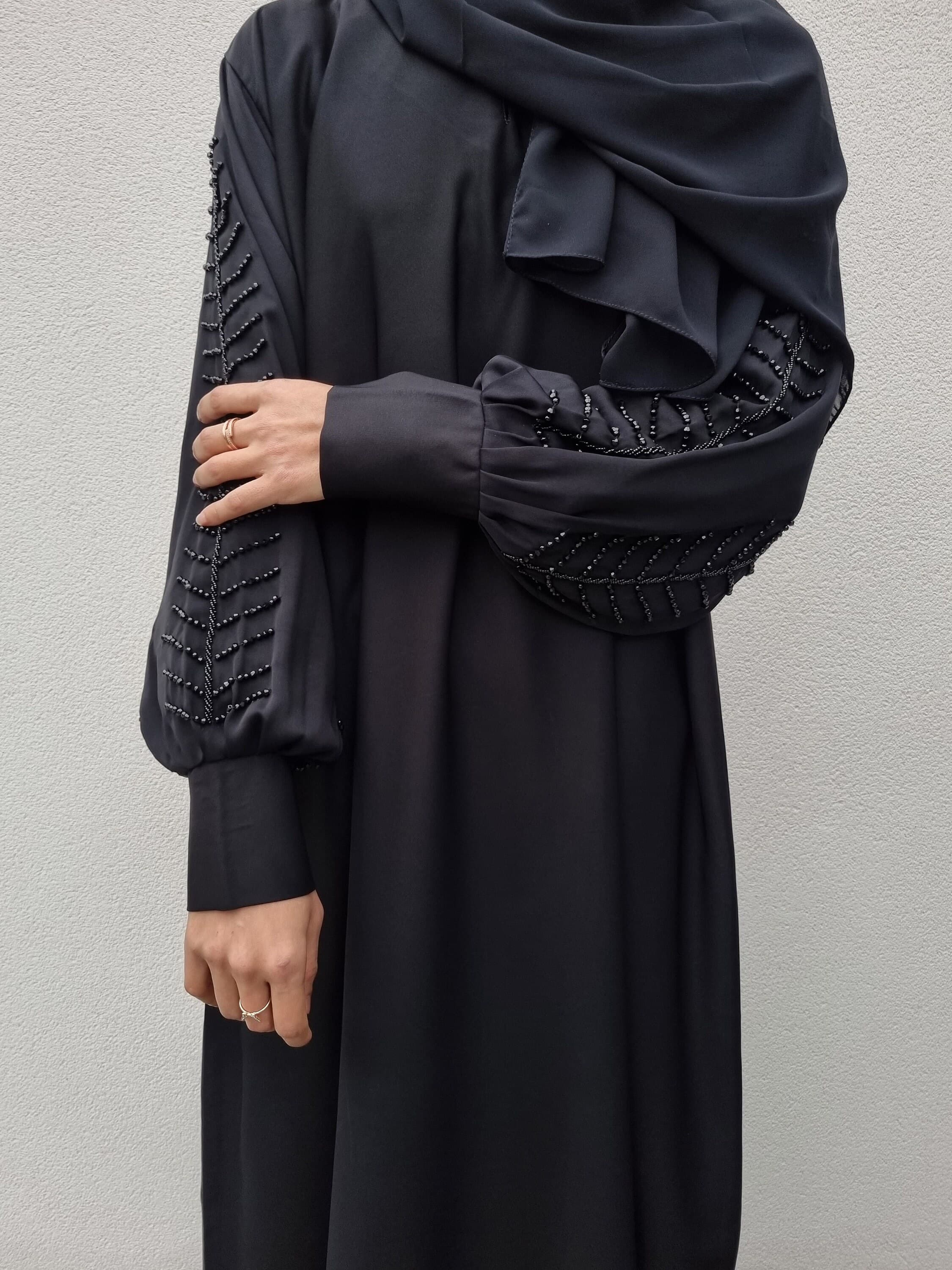 Azra Black Closed Abaya with Handwork - Premium Nida Fabric Modest Wear - image 5