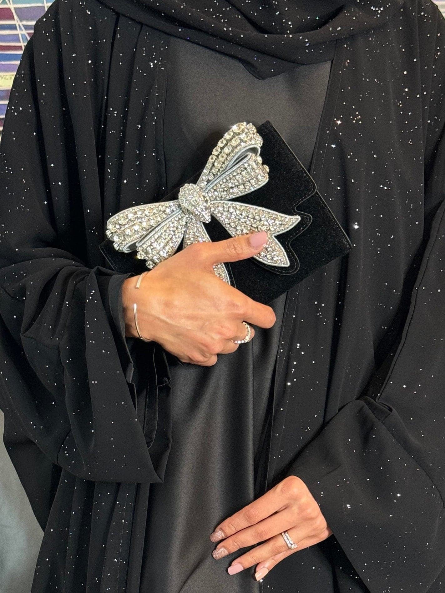 Luxury Twinkle Butterfly Abaya Set with Satin Full Sleeve Inner Dress & Hijab | Elegant 3-Piece Glitter Open Abaya Set