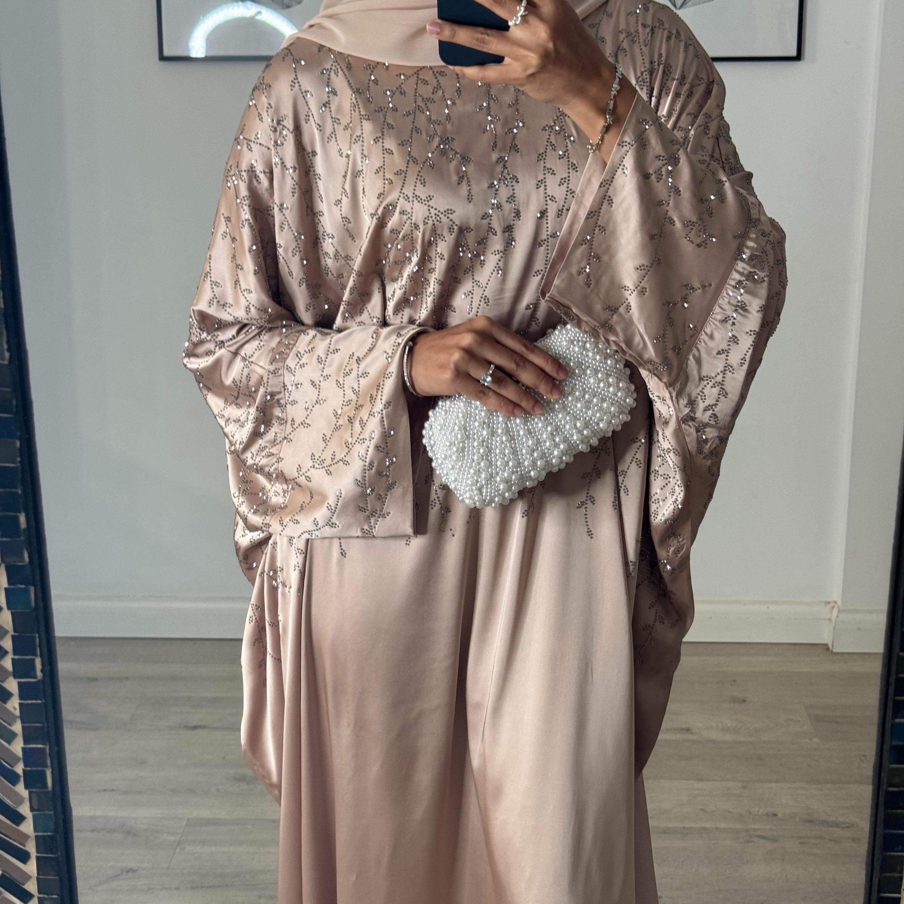 Closed Batwing Abaya - Luxury Satin Butterfly Kaftan with Inner Belt & Matching Hijab Scarf, Eid Outfit, Eid abaya
