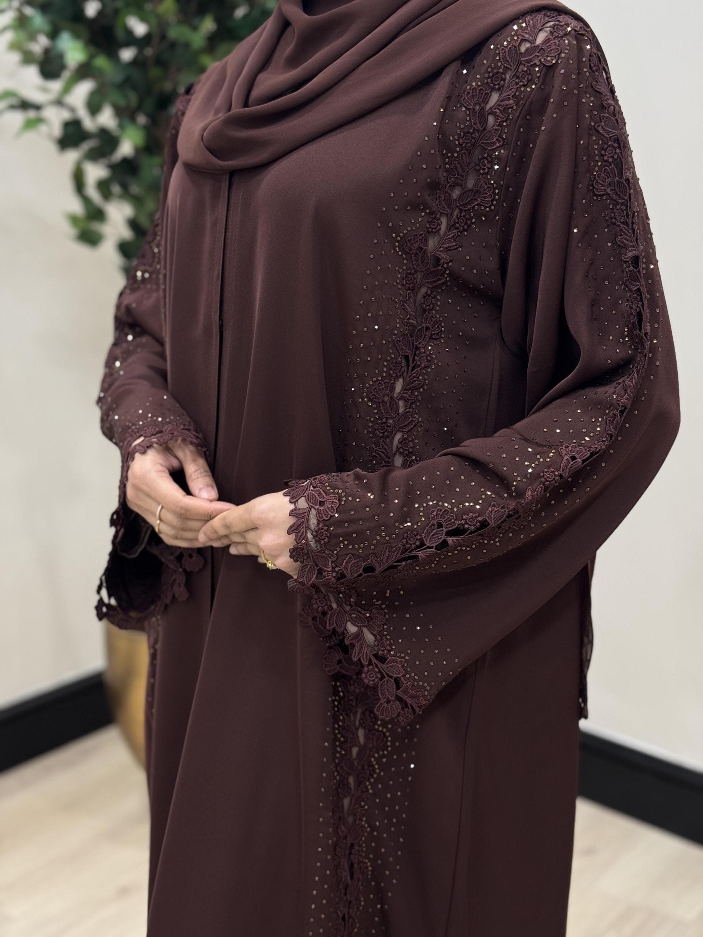 Maria Luxury  Lace and Gemstones Open Abaya with Hijab, Ramadan Outfit