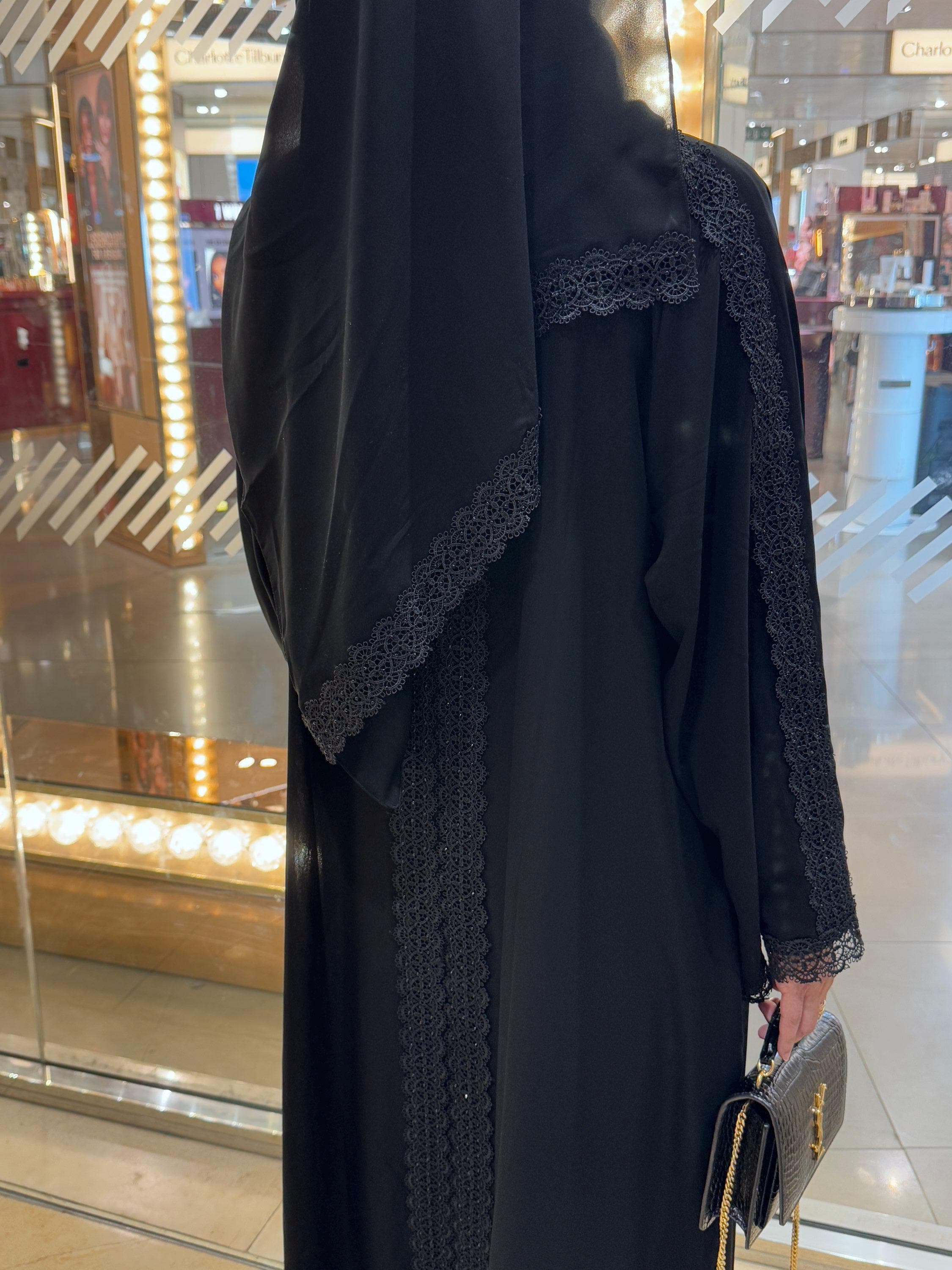 PureAbayas Lamia 2-Piece Open Abaya Set – Black Double Chiffon with Lace and