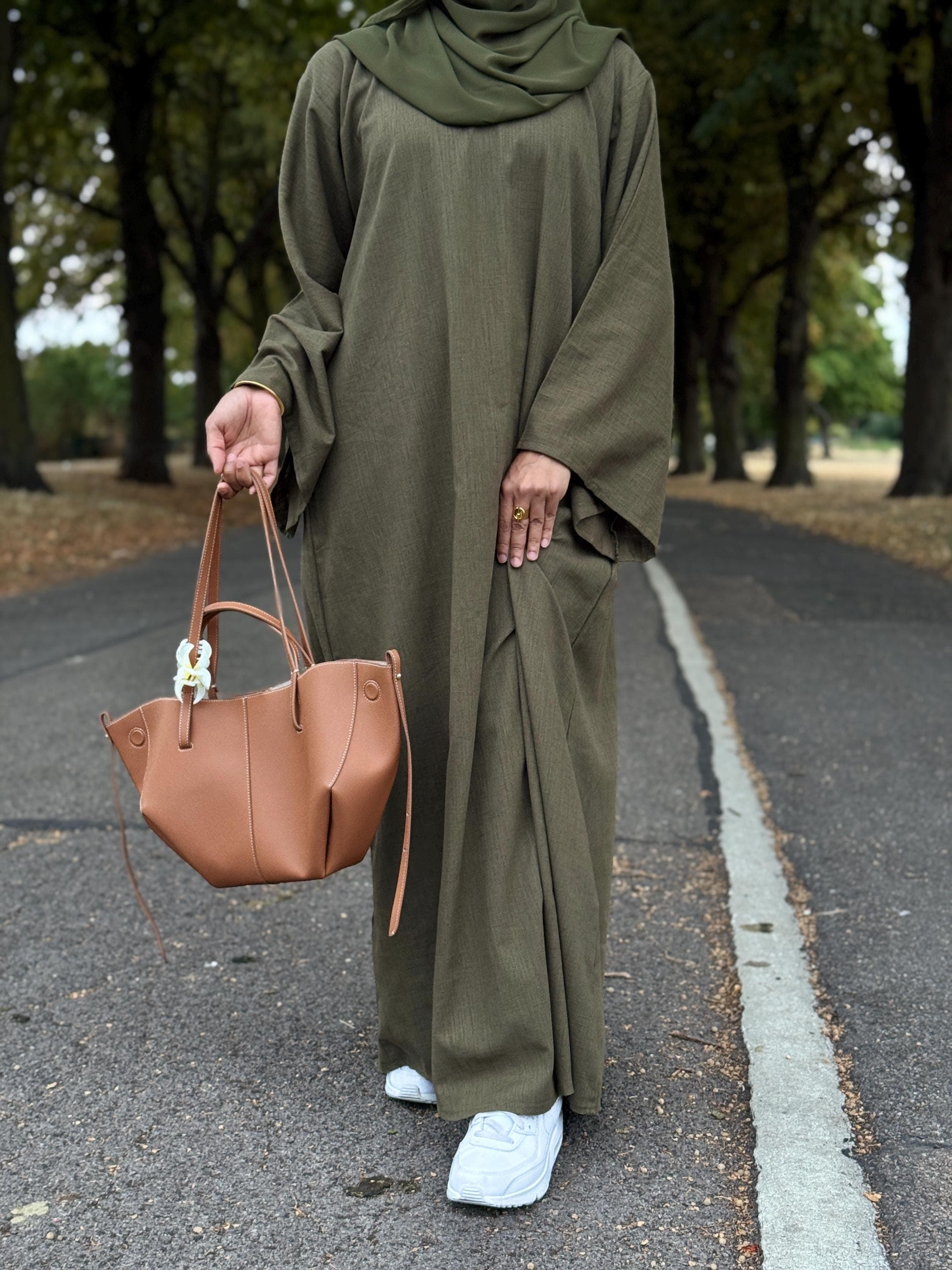 Pure Linen Closed Abaya with Pockets   Flowy Bell Sleeve Kaftan Dress   Modest