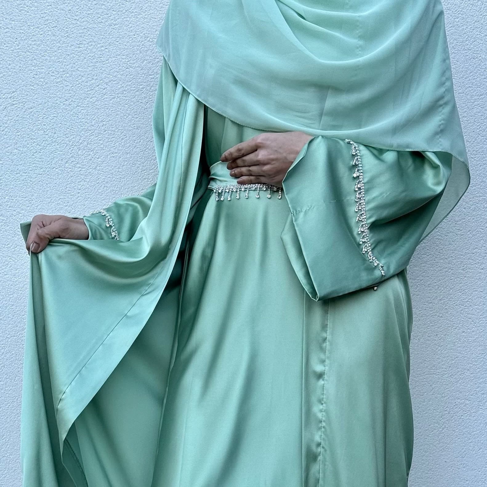 Elsa Satin 4 Pieces Abaya Set. Light Green Abaya Set, Sage Mint Green Dubai Abaya, Party Abaya, Occasion Abaya, Wedding