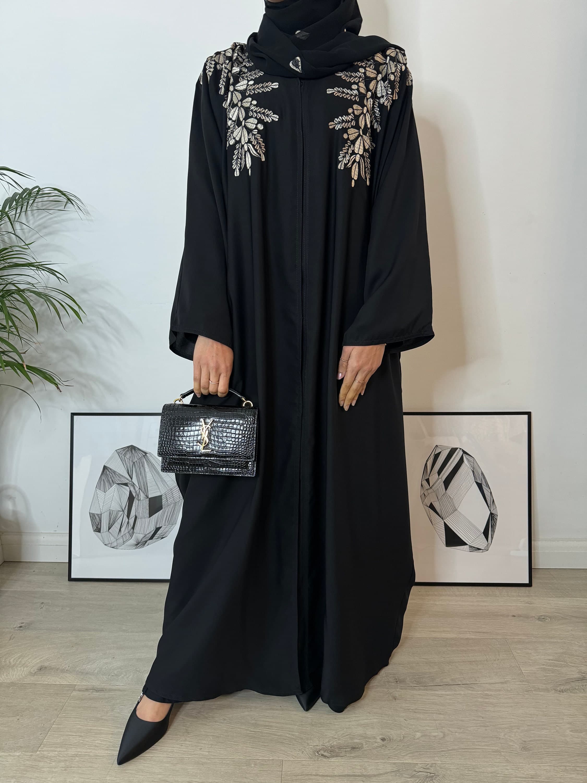 Amal Embroidered Butterfly Abaya - Black Open Abaya with Gold Floral Embroidery and Embroidered Hijab Scarf 2 Piece Set - Farasha Batwing - image 5