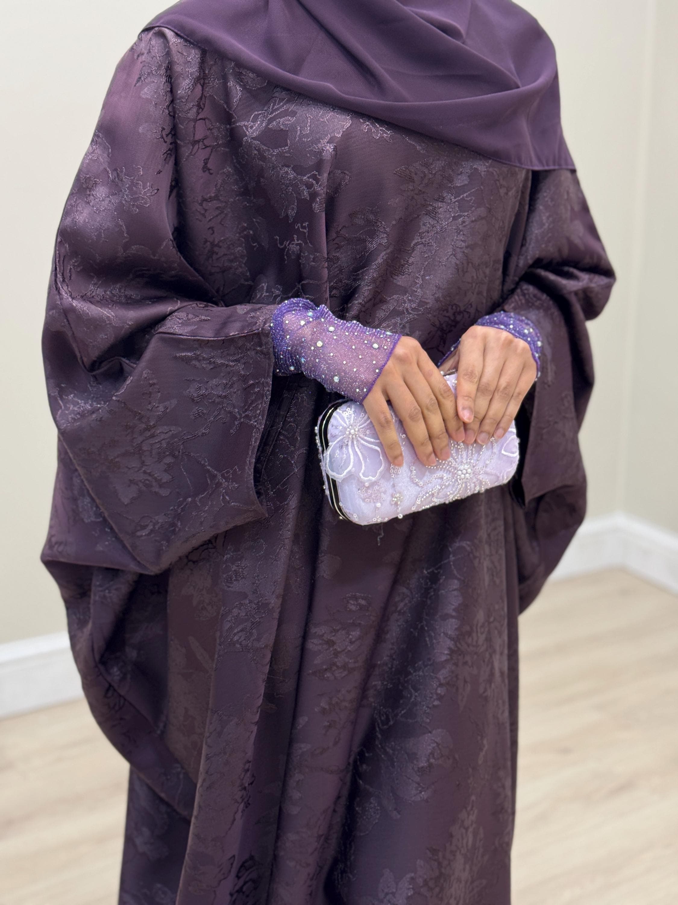 Jacquard Khadija Butterfly Abaya with Hijab - Charcoal Black, Dark Brown, - Vine Leaves Design- winter abaya, Eid outfit