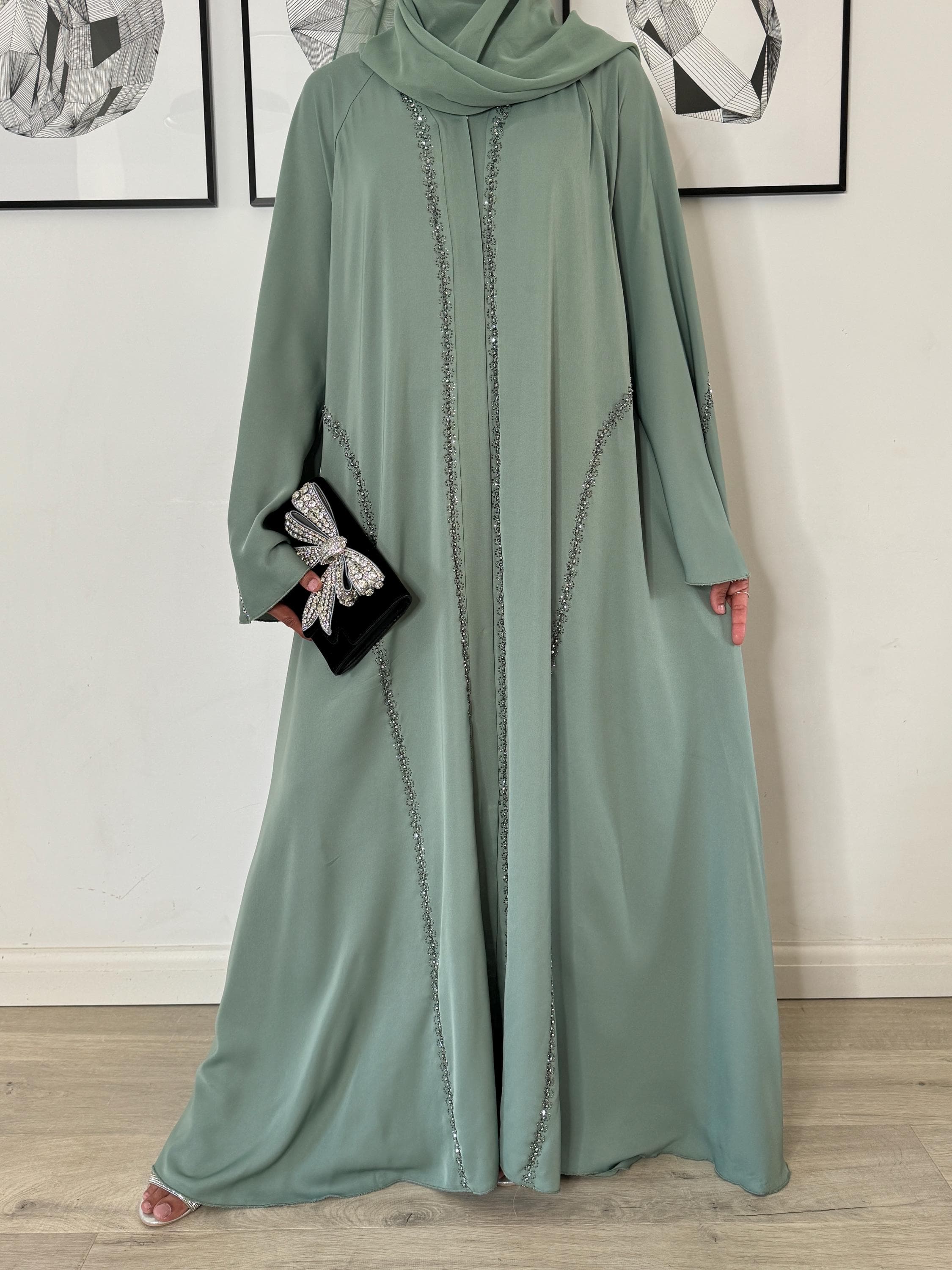 Inaya Open Umbrella Abaya with Handwork and Gemstone Embellishments- Umbrella Abaya- Nikah Abaya- Umrah Abaya