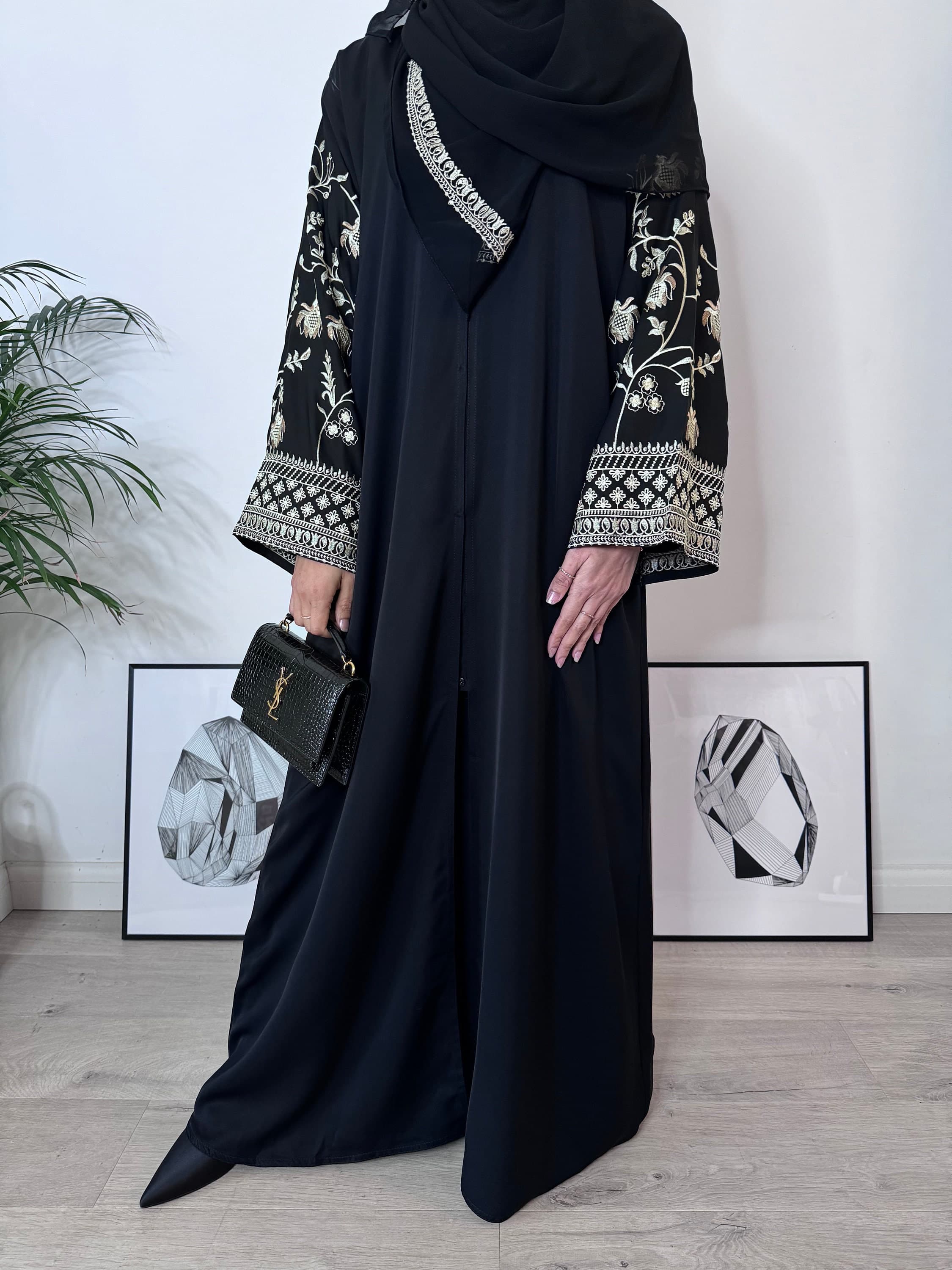 Sofia Embroidered Open Abaya - Black Abaya with Gold Embroidery On Sleeves - Abaya and Embroidered Hijab 2 Piece Set - Eid Outfit, Ramadan - image 5