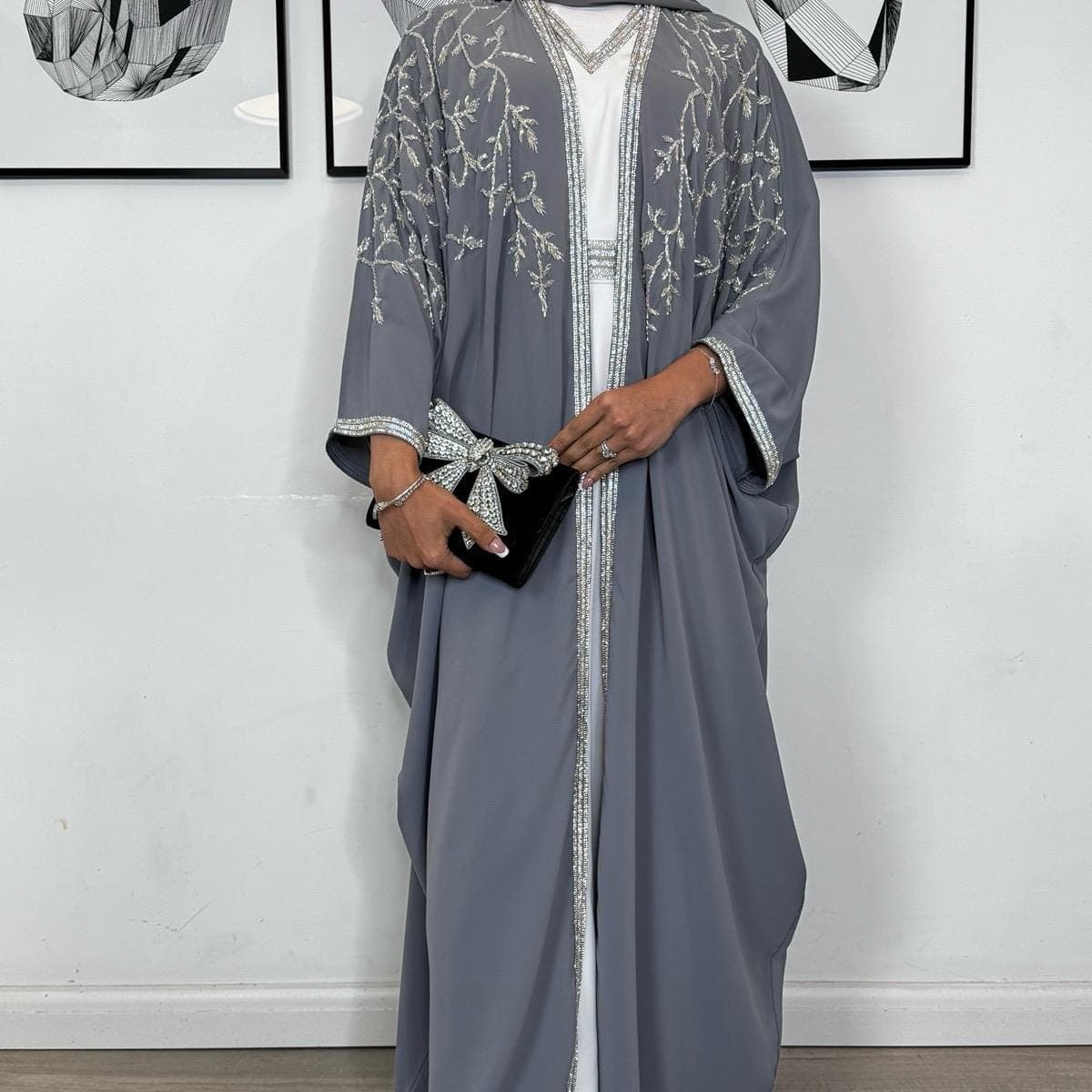 PureAbayas Jawaria Abaya - Luxury 4 Piece Abaya Set Handcrafted Open Heavy, Eid outfit, party wear - image 3