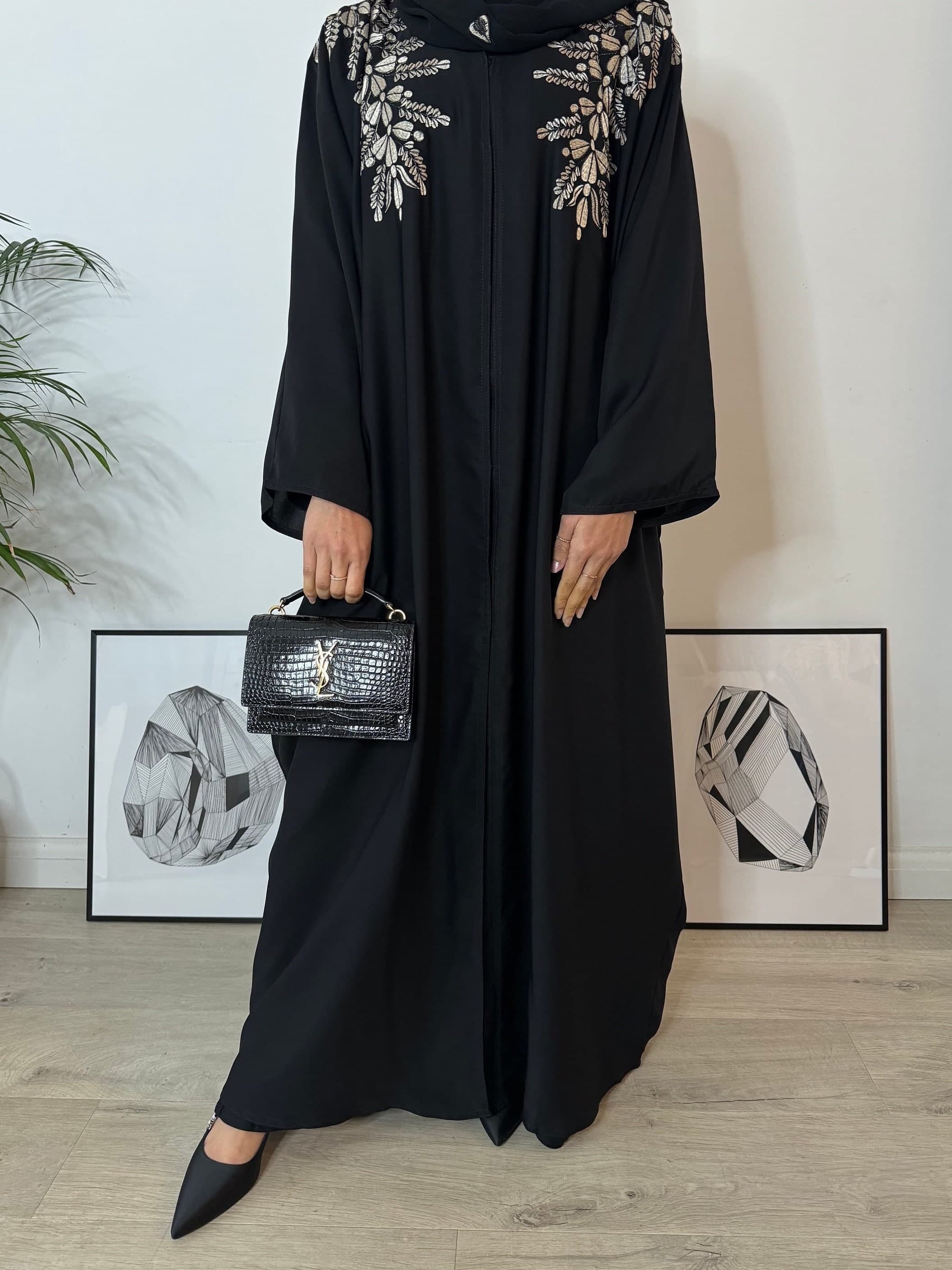 Amal Embroidered Butterfly Abaya - Black Open Abaya with Gold Floral Embroidery and Embroidered Hijab Scarf 2 Piece Set - Farasha Batwing - image 3