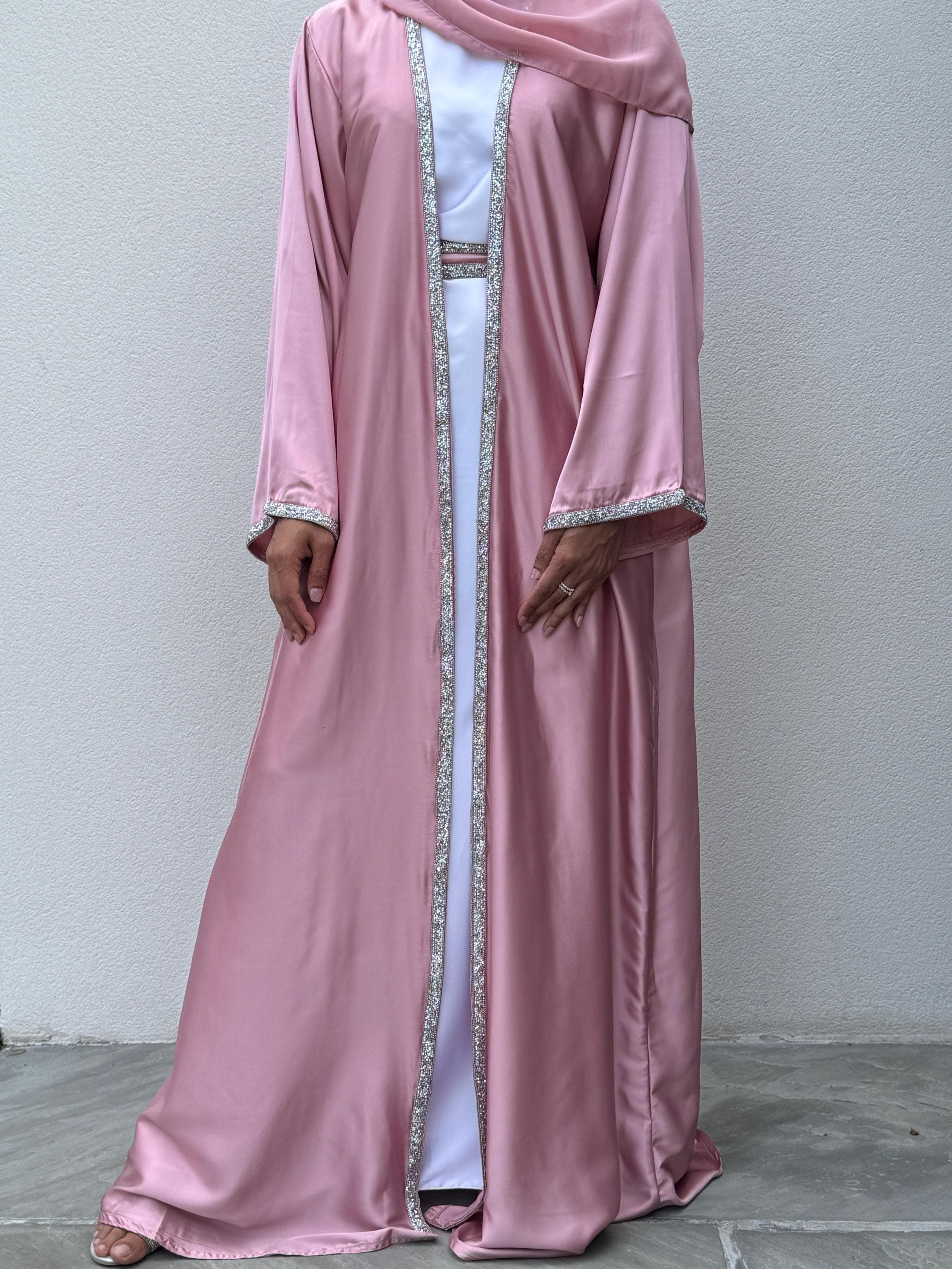 Julia Luxury Satin 4-Piece Abaya Set | Navy | Pink Embellished Modest Fashion for Parties, Weddings, Occasions, Eid Outfit, Bridesmaid - image 2