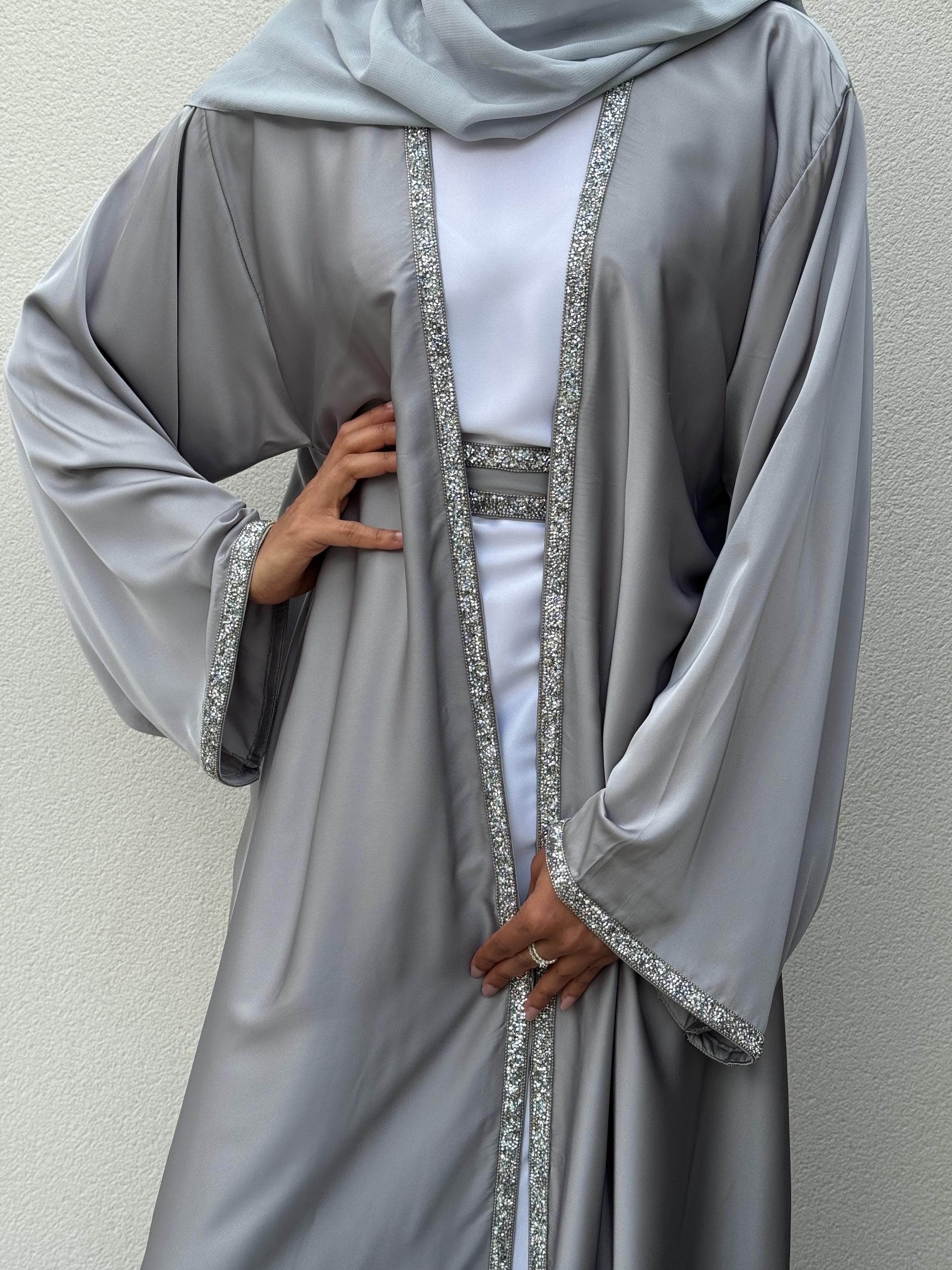 Julia Luxury Satin Silk 4-Piece Abaya Set | Elegant Silver Grey | Embellished Modest Fashion for Parties, Weddings, Occasions, Eid Outfit - image 2