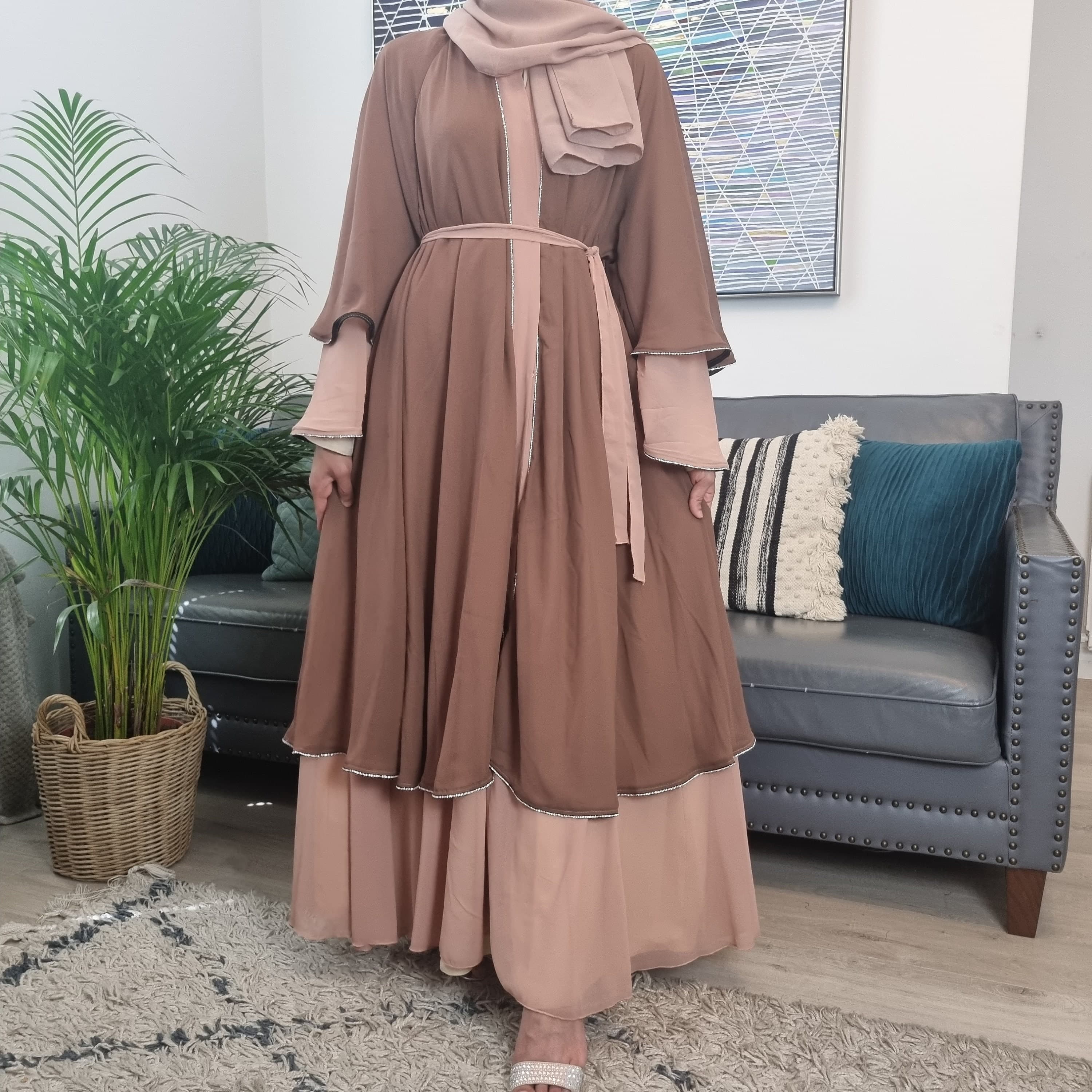 Layered Chiffon Abaya,chiffon abaya,open abaya, Dubai abaya, jilbub ,kaftan,occasion abaya,party abaya, satin abaya,abaya black, abaya set - image 3