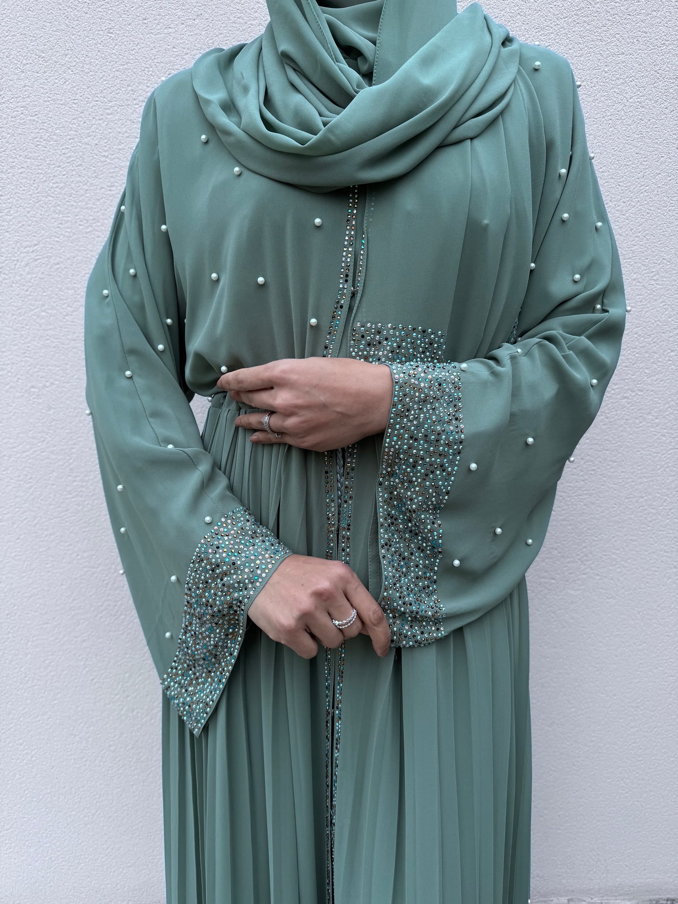Elegant Jahan Occasion Abaya Set with Pearls, Gemstones, and Pleats - Luxury Dubai, Ideal for Weddings and Parties - Kaftan Maxi Long Dress - image 4
