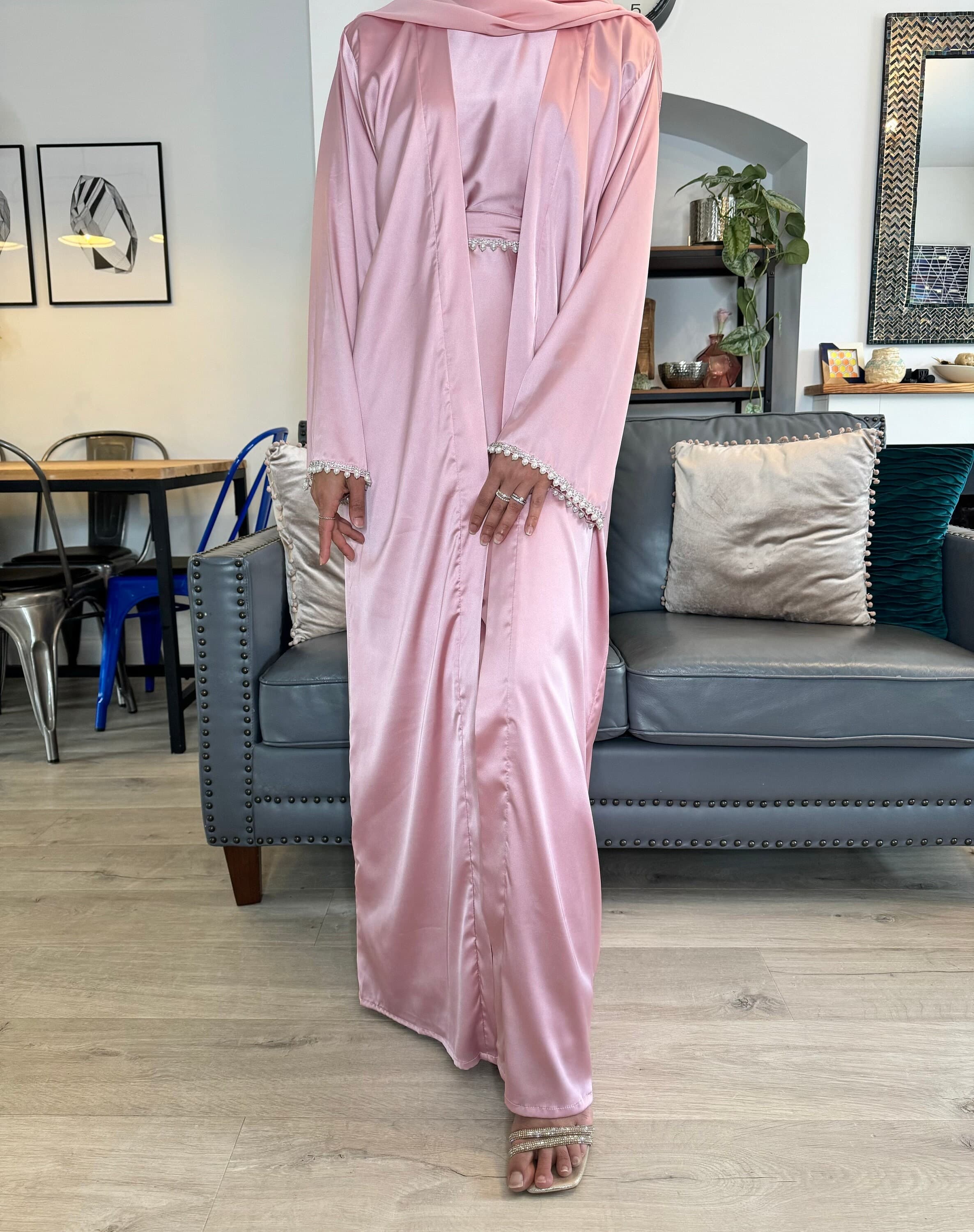 Luxurious Yasmin Satin Abaya Set, Featuring Pearl and Diamanté Embellishments, Modest Bridesmaid Dress and Party Wear for Eid and Special Occasions