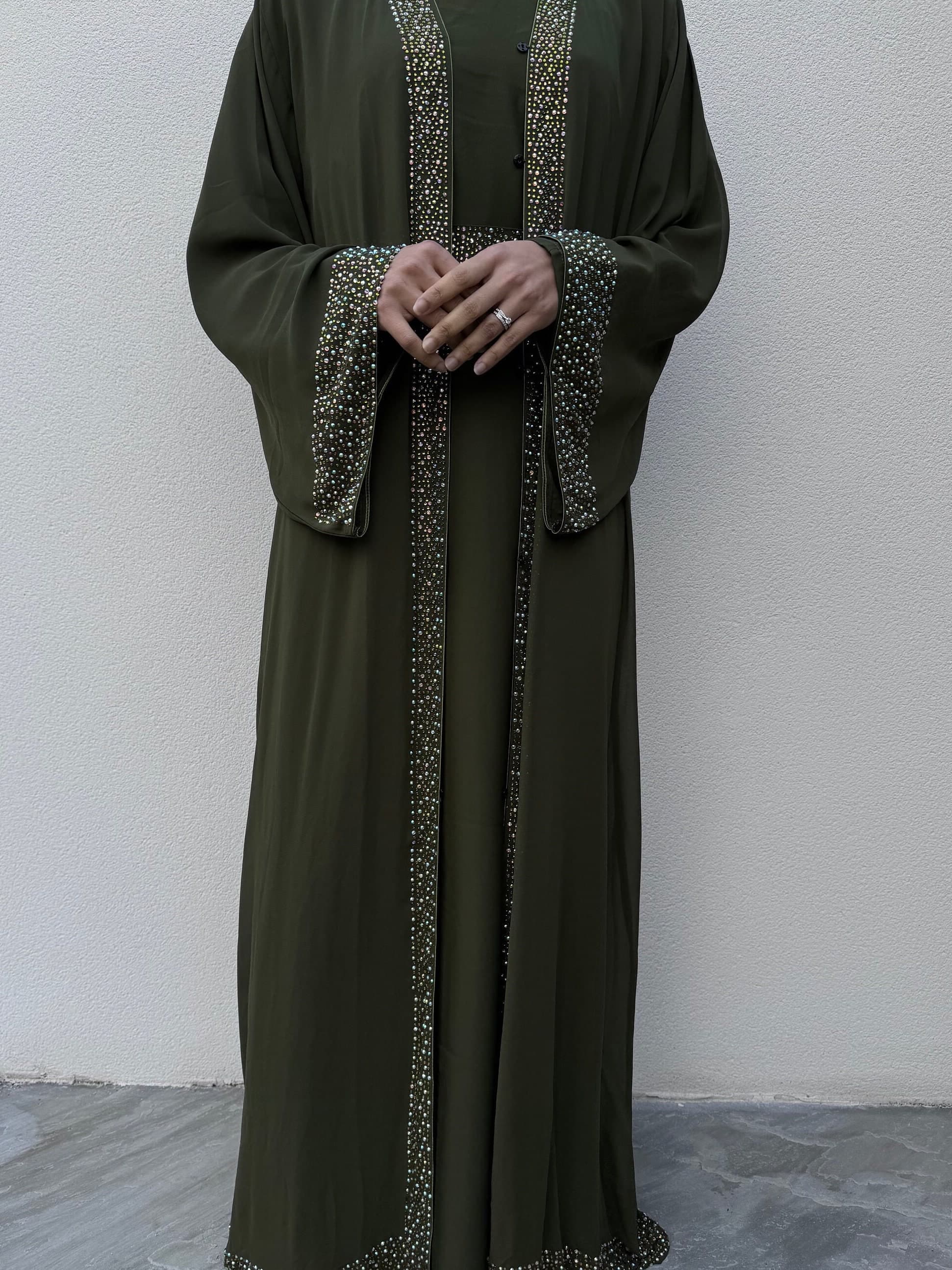 Kaia Occasion Abaya Set with Gemstones Khaki Olive Green - Luxury Dubai, Ideal for Weddings and Parties - Maxi Long Dress - image 3