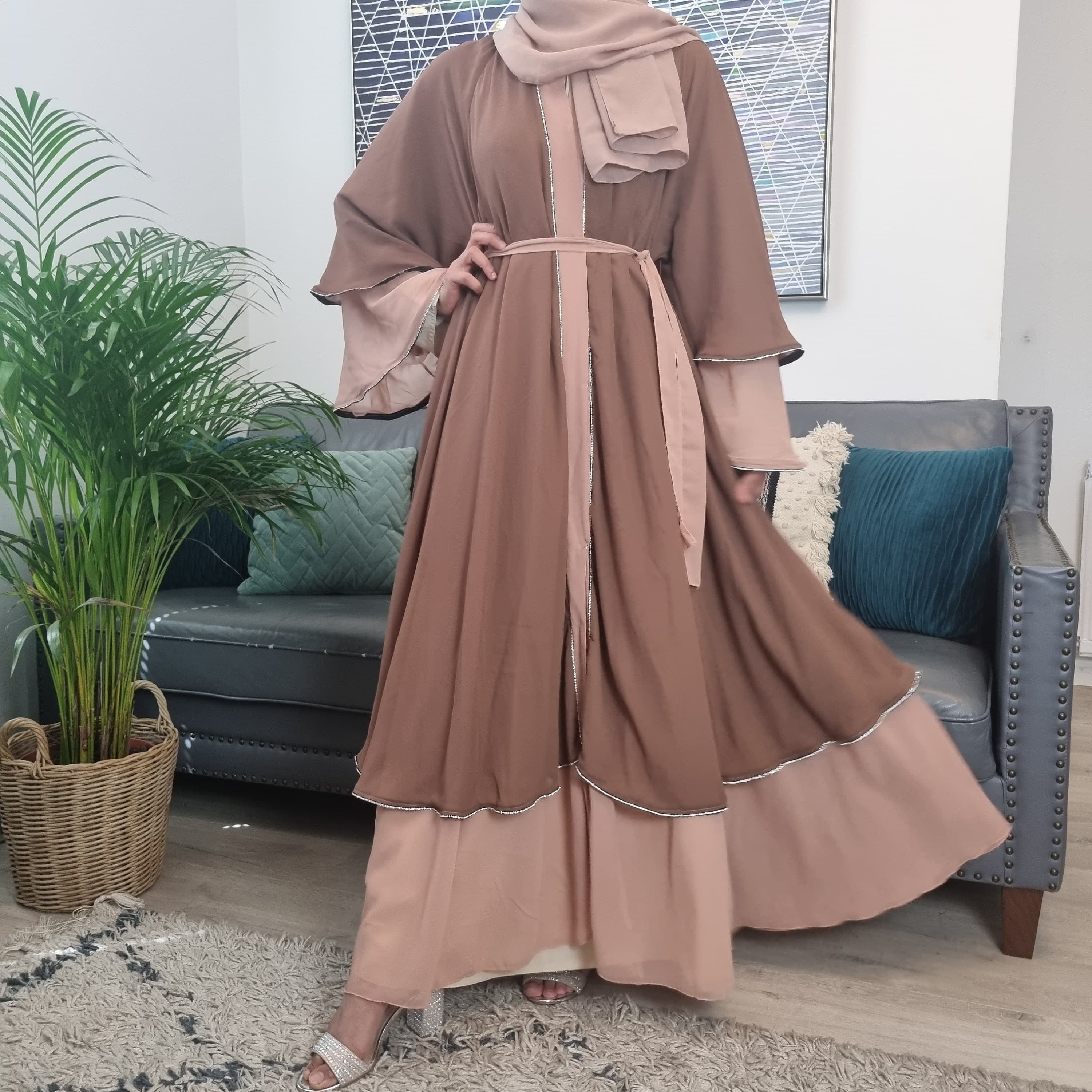 Layered Chiffon Abaya,chiffon abaya,open abaya, Dubai abaya, jilbub ,kaftan,occasion abaya,party abaya, satin abaya,abaya black, abaya set - image 4