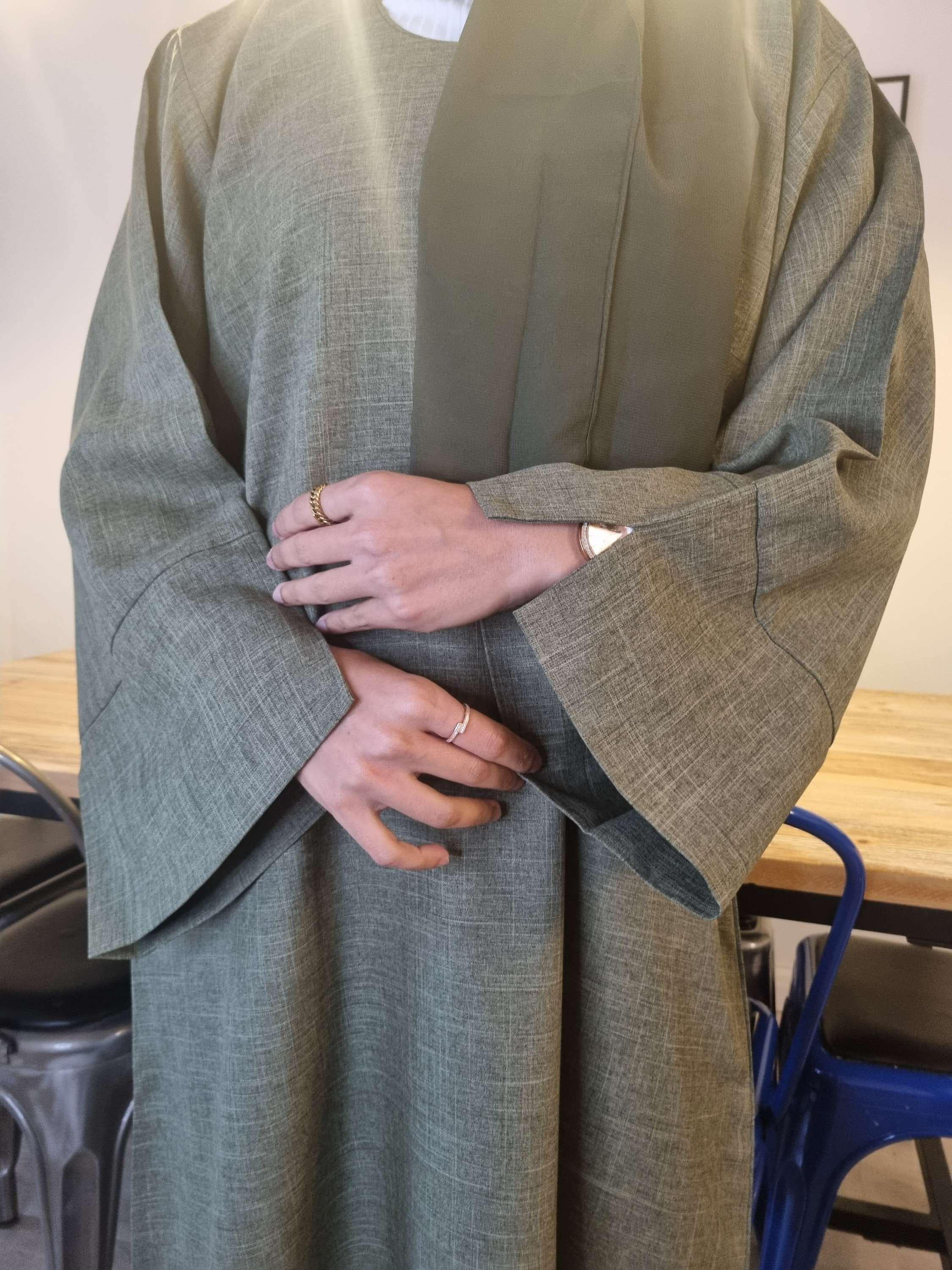 Linen Blend Abaya with Pockets & Matching Scarf - Comfortable Stylish, Machine Washable - Made in UAE