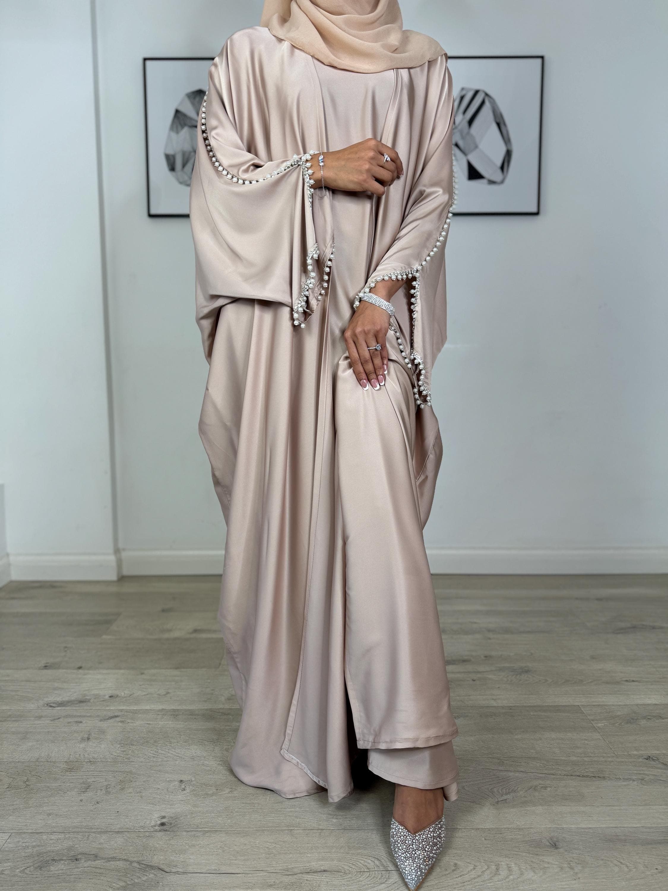 PureAbayas Lulu - Luxury Satin 3-Piece Abaya Set with Pearl & Diamante Embellishments, Open Butterfly Design, Slip Dress, and Matching Scarf - image 4