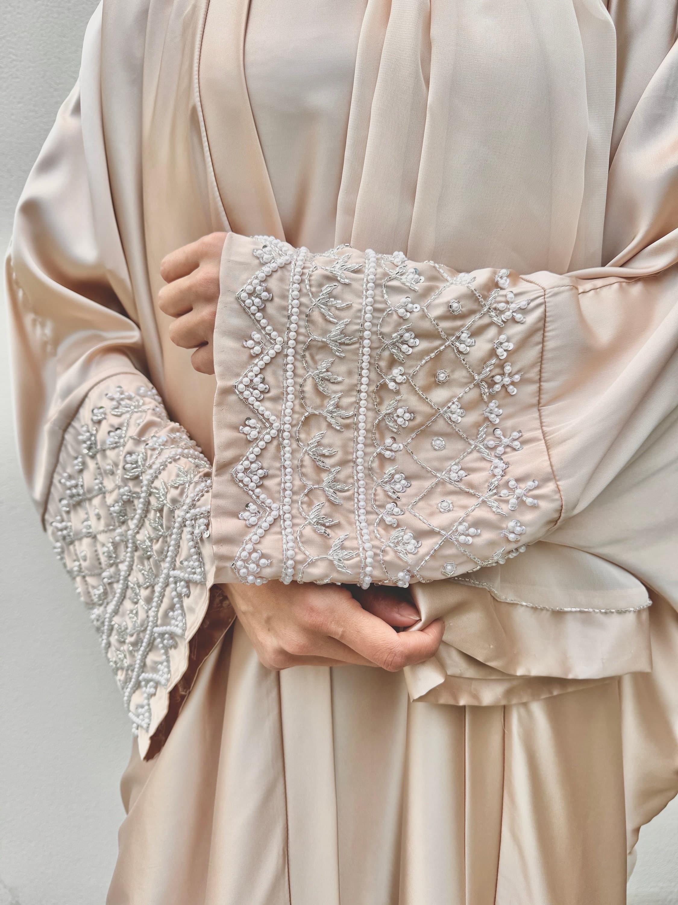 Zainab Luxury Satin 3-Piece Abaya Set|Champagne, Black, Blush, Silver abaya with Inner Slip Dress,Scarf | Handwork,Beads & Pearls Detailing