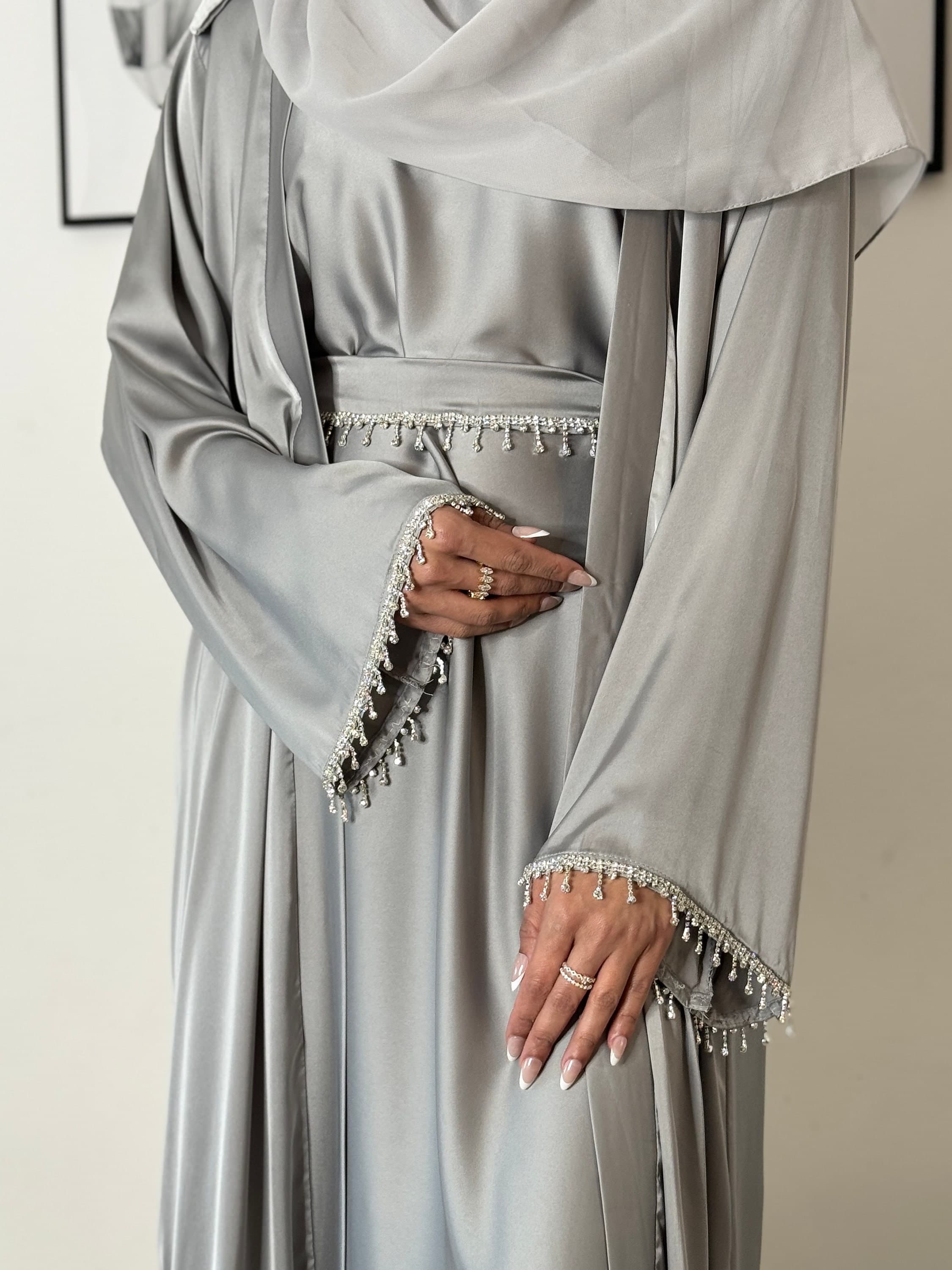 Elegant Anna Satin 4-Piece Open Abaya Dress Set with Diamante Embellishments - Silver Grey - image 4