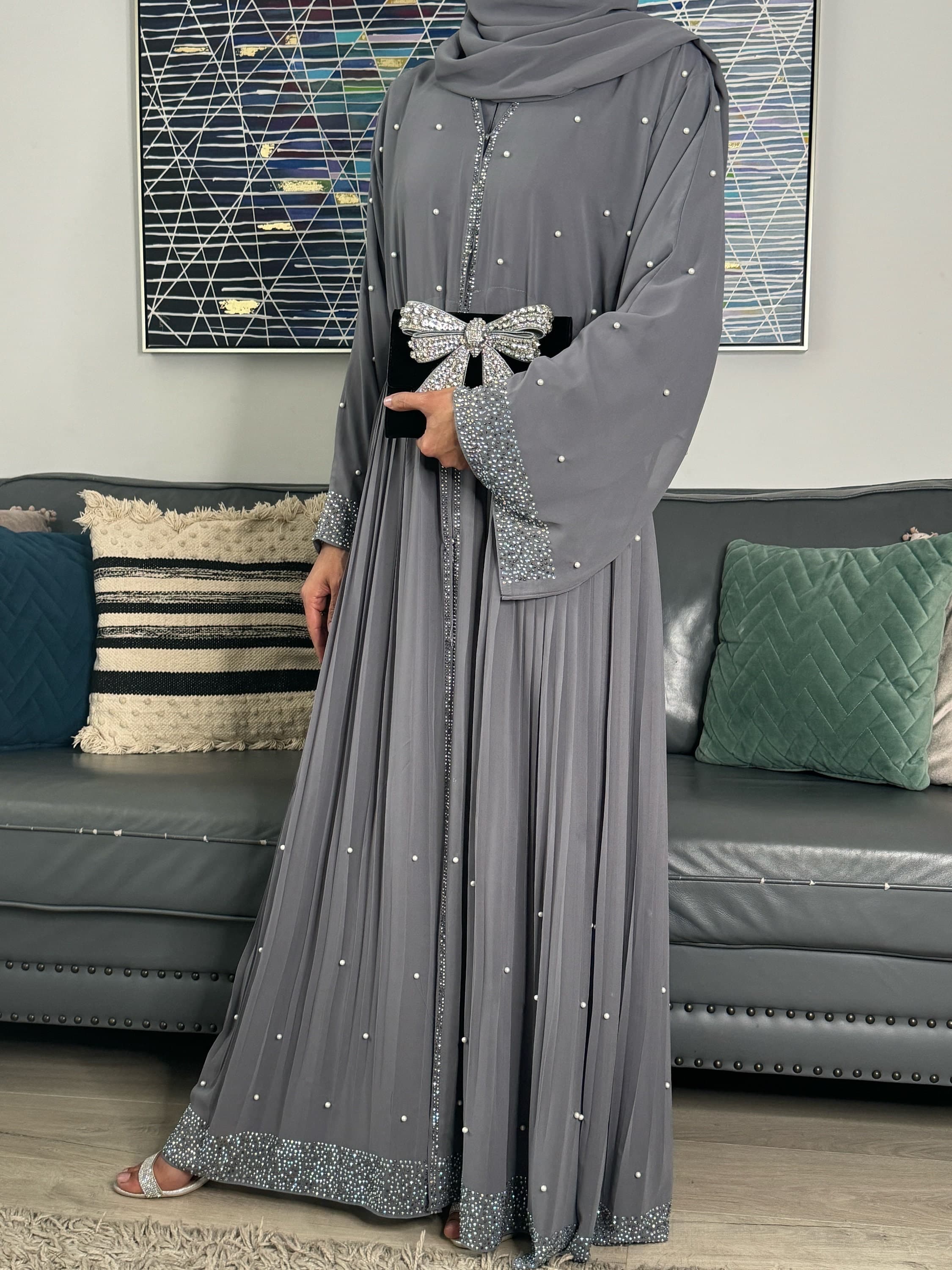 Elegant Jahan Occasion Abaya Set with Pearls, Gemstones, and Pleats - Luxury Dubai, Ideal for Weddings and Parties - Kaftan Maxi Long Dress - image 5