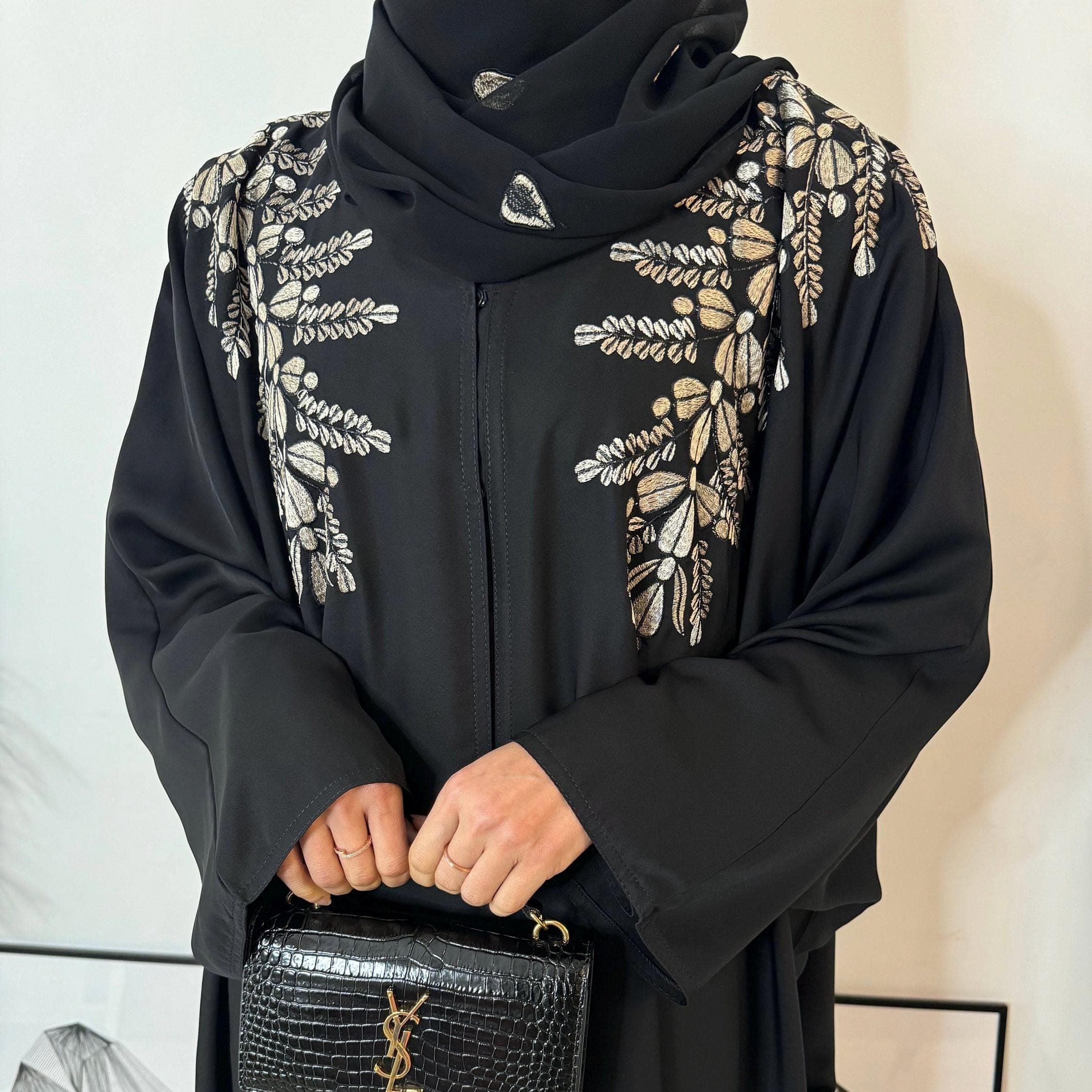 Amal Embroidered Butterfly Abaya - Black Open Abaya with Gold Floral Embroidery and Embroidered Hijab Scarf 2 Piece Set - Farasha Batwing