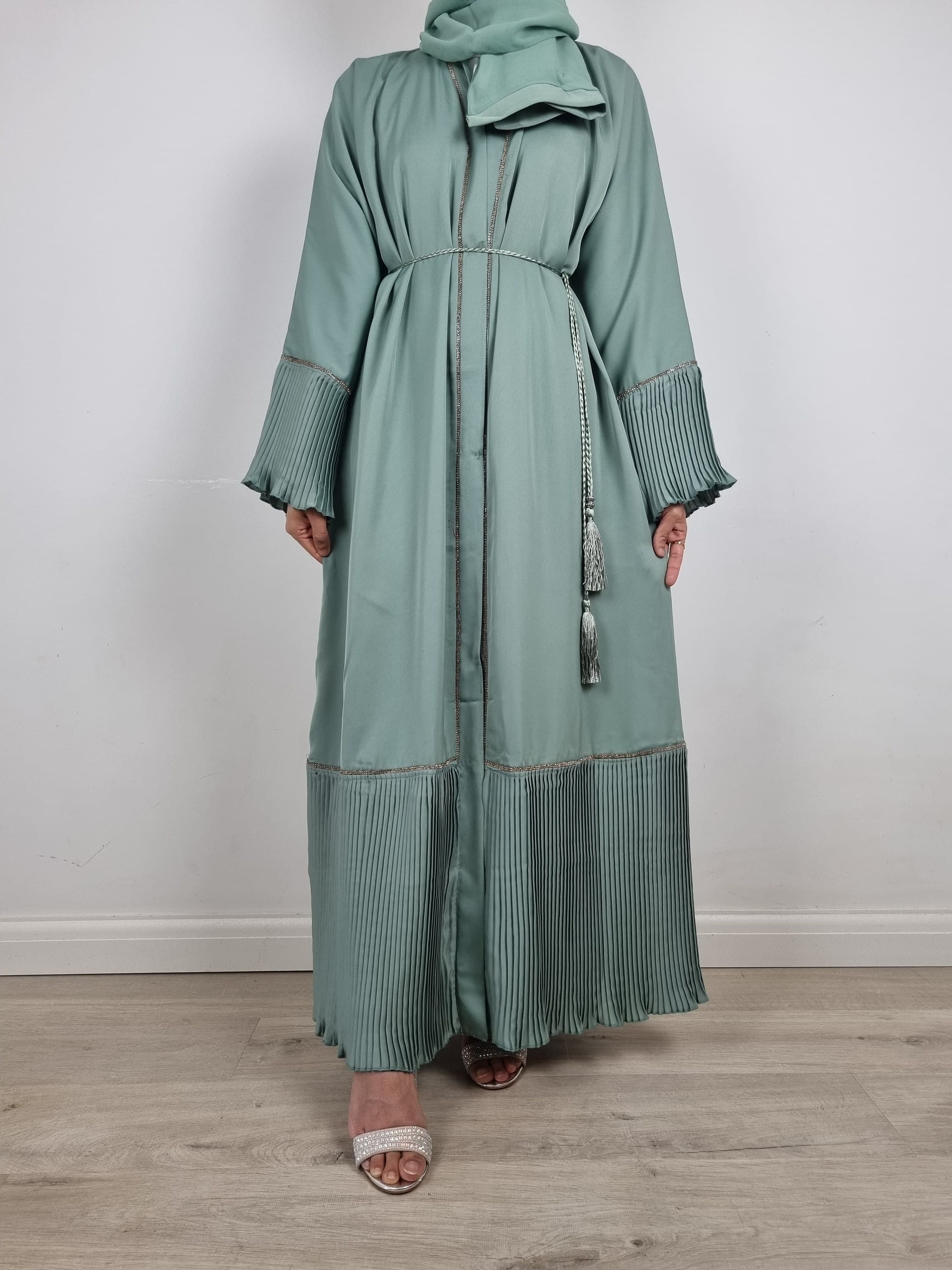 Mint Frill Open Abaya,Dubai abaya, party abaya,kaftan, jilbub,morrocan dress turkey dress, hijab, wedding abaya,dress,party abaya,Sage abaya