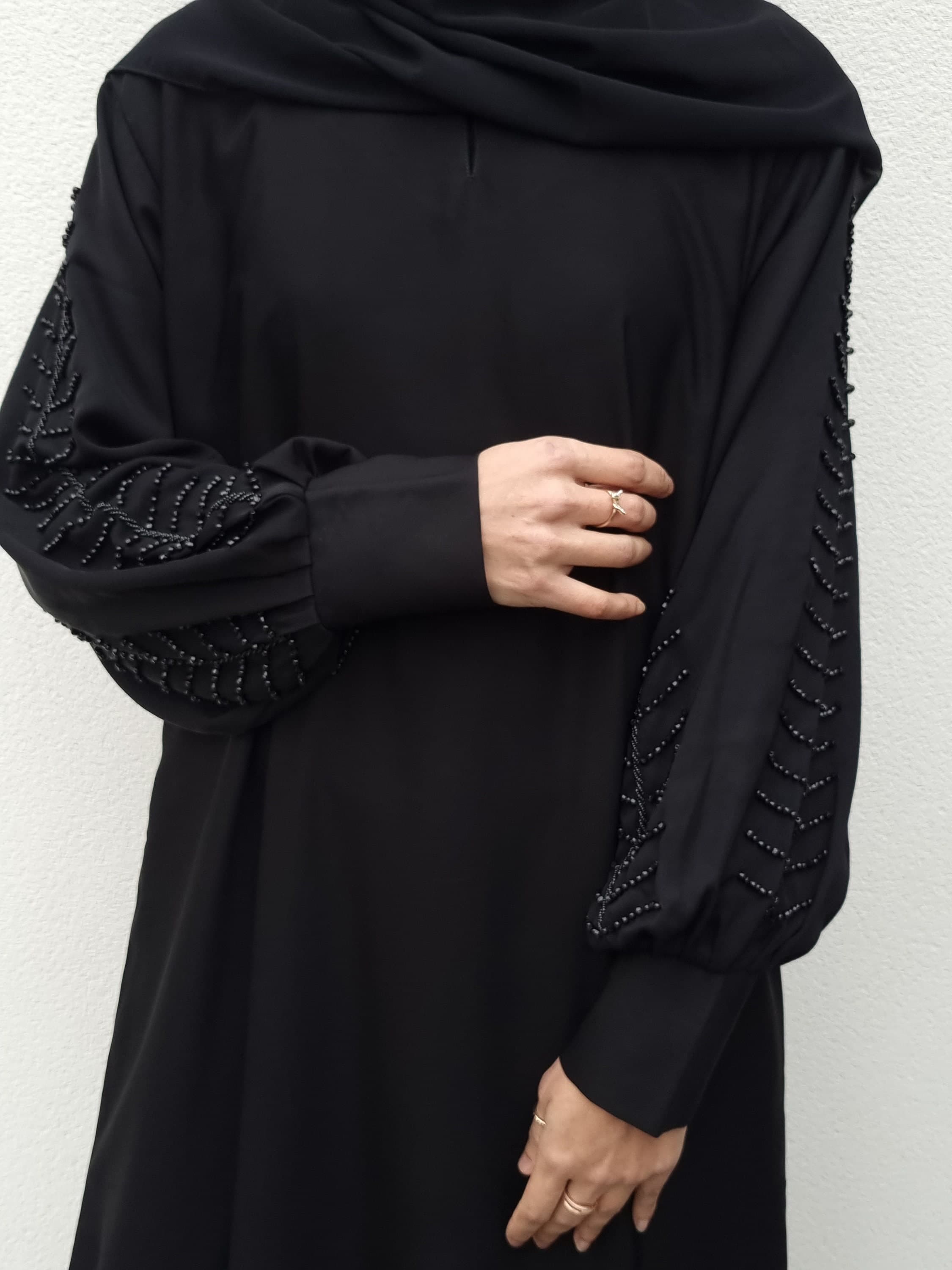 Azra Black Closed Abaya with Handwork - Premium Nida Fabric Modest Wear - image 3