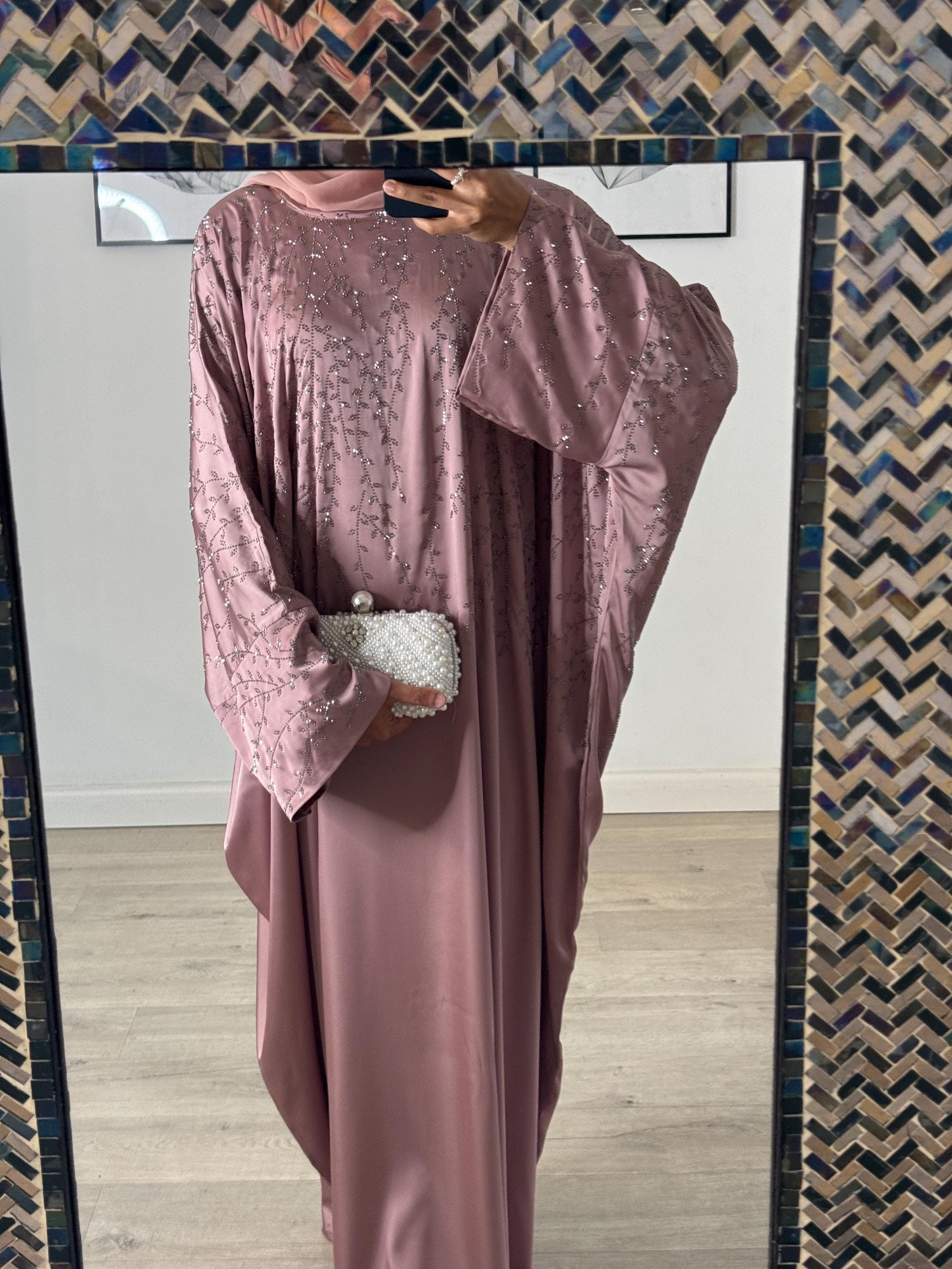 Closed Batwing Abaya - Luxury Satin Butterfly Kaftan with Inner Belt & Matching Hijab Scarf, Eid Outfit, Eid abaya - image 5