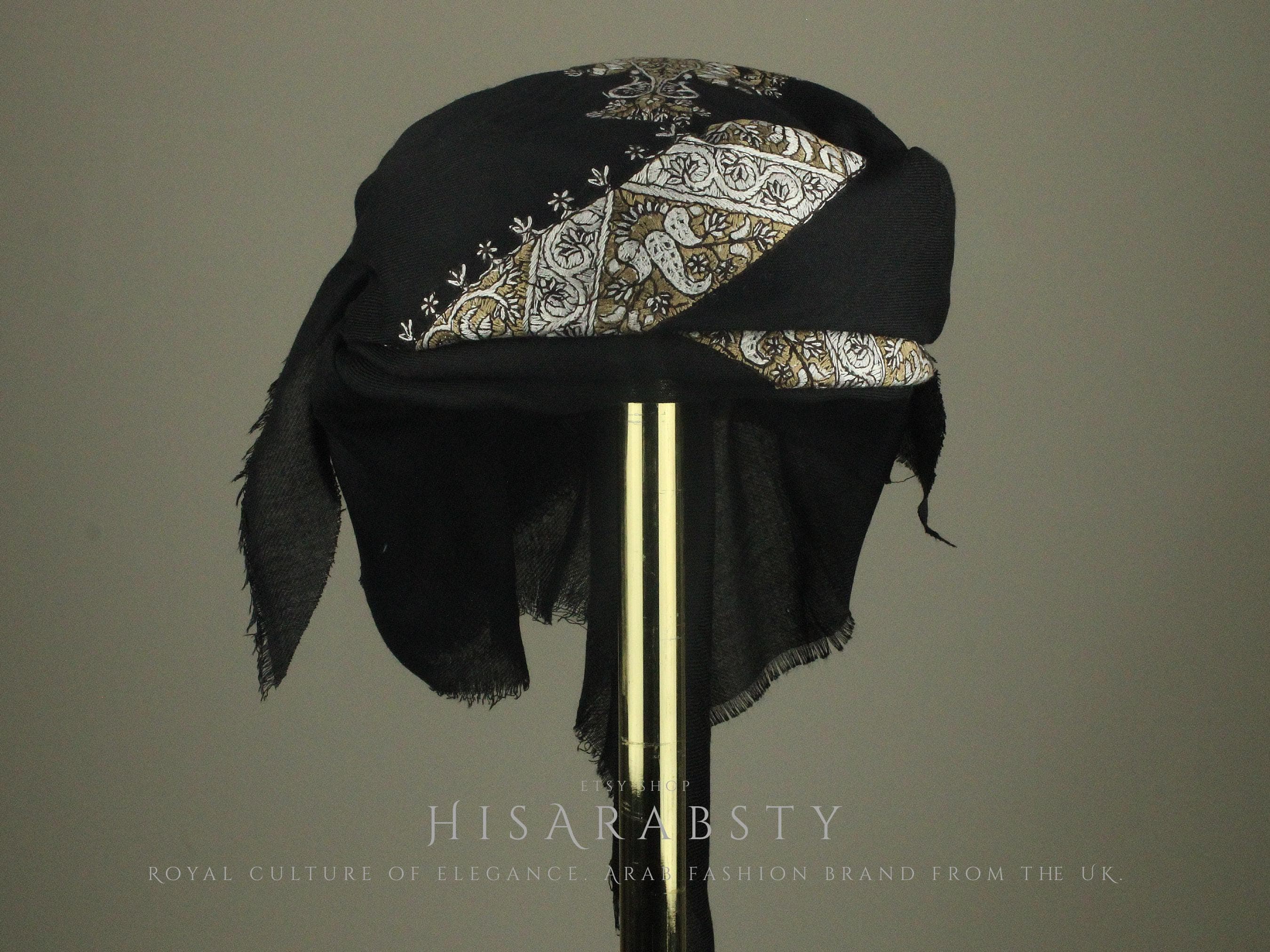 Ready To Wear Black Traditional Yemeni Embroidered Imamah Shemagh Adjustable Perfect For Men & Children Unique Scarf Easy To Wear AB35