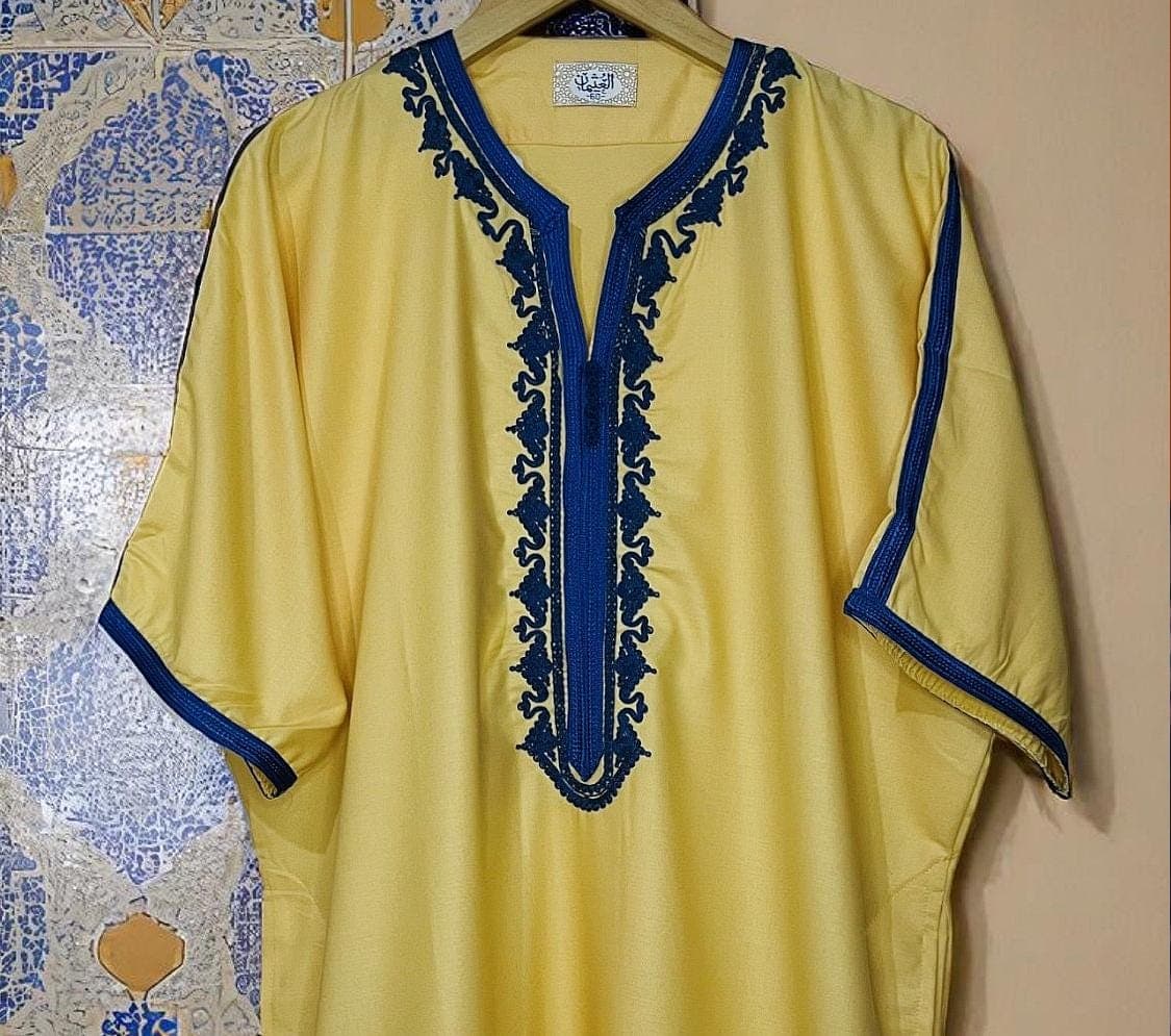 Yellow and Blue Moroccan Comfortable Kandora Djellaba Thobe Soft Elegant Perfect for Everyday Wear MR04