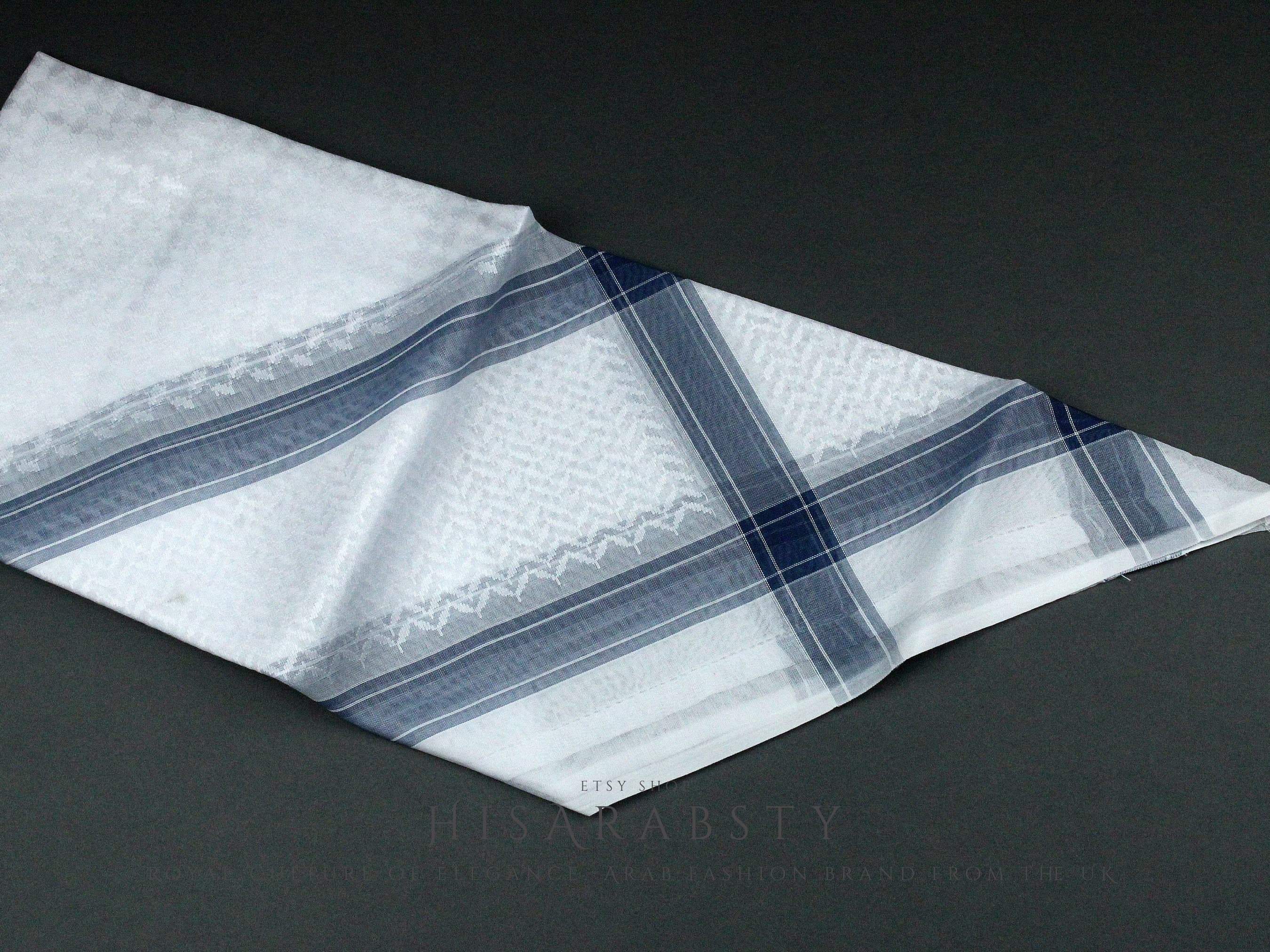 Rare Premium White Shemagh With Blue Line Keffiyeh Original Arab Scarf Saudi Arabian Imamah Islamic Arabic Attire Ghutra Outfit Cotton Soft