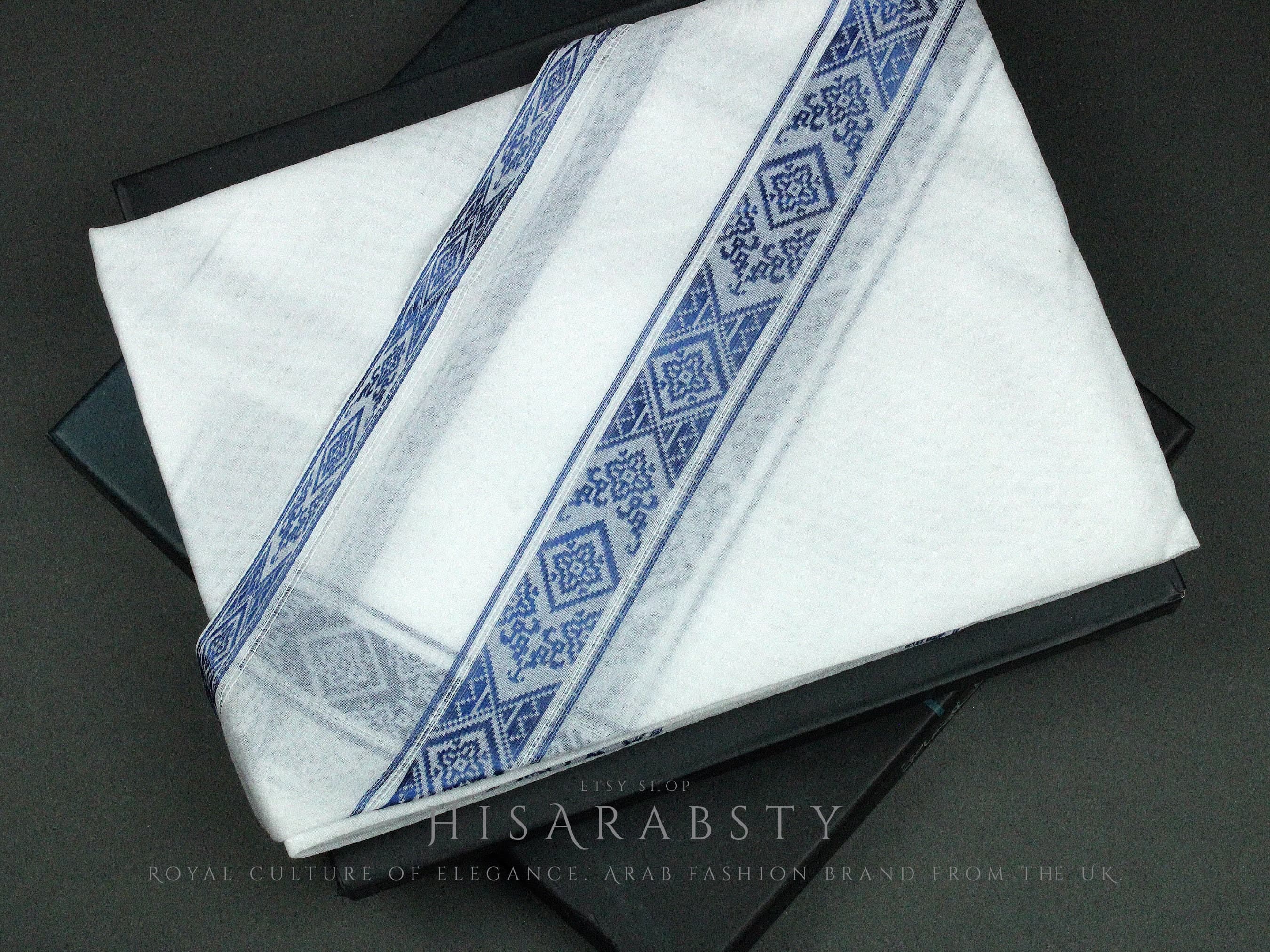 Authentic White and Blue Embroidered Premium Emirati Qatari Ghutra Scarf Rare Shemagh Soft Keffiyeh Imamah Voile Yashmagh Fancy AR35 - image 3