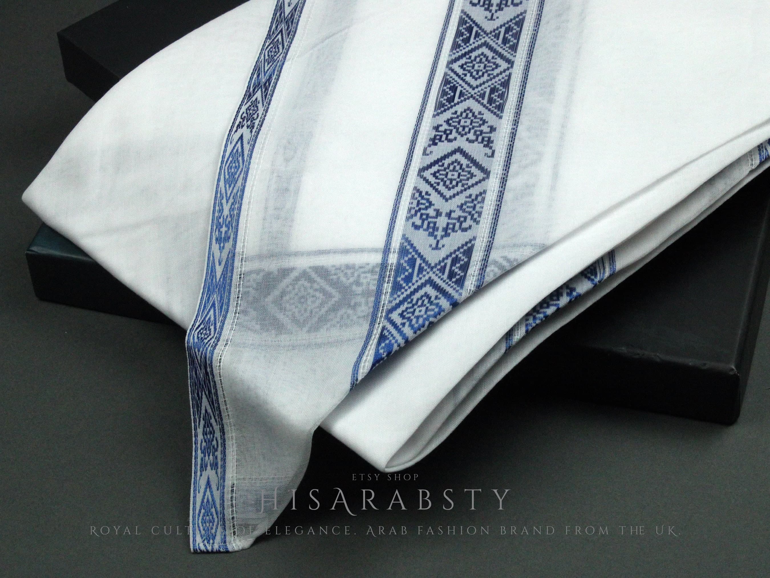 Authentic White and Blue Embroidered Premium Emirati Qatari Ghutra Scarf Rare Shemagh Soft Keffiyeh Imamah Voile Yashmagh Fancy AR35 - image 4