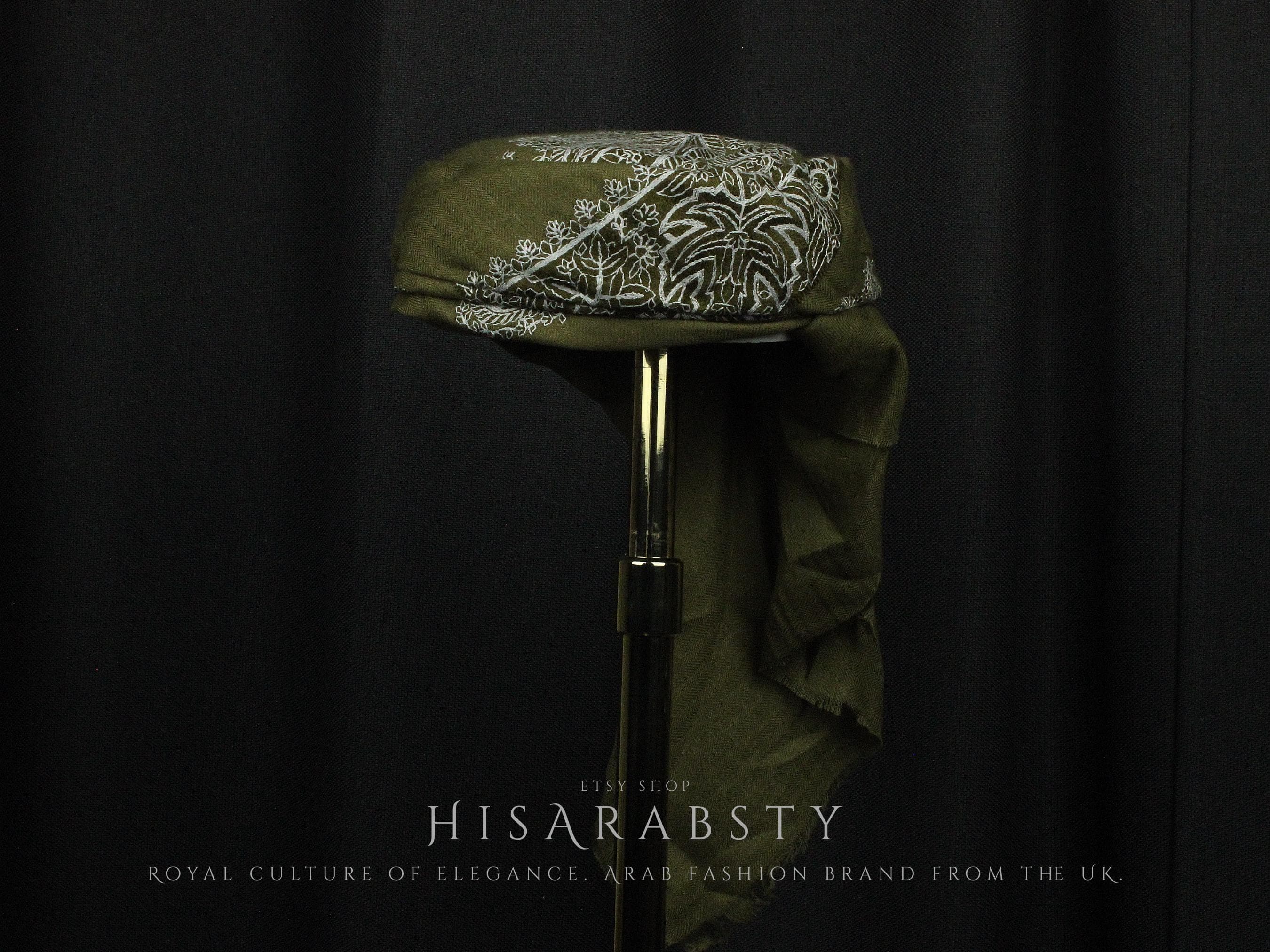 Ready To Wear Olive Traditional Yemeni Embroidered Imamah Shemagh Adjustable Perfect For Men & Children Unique Scarf Easy To Wear AR910