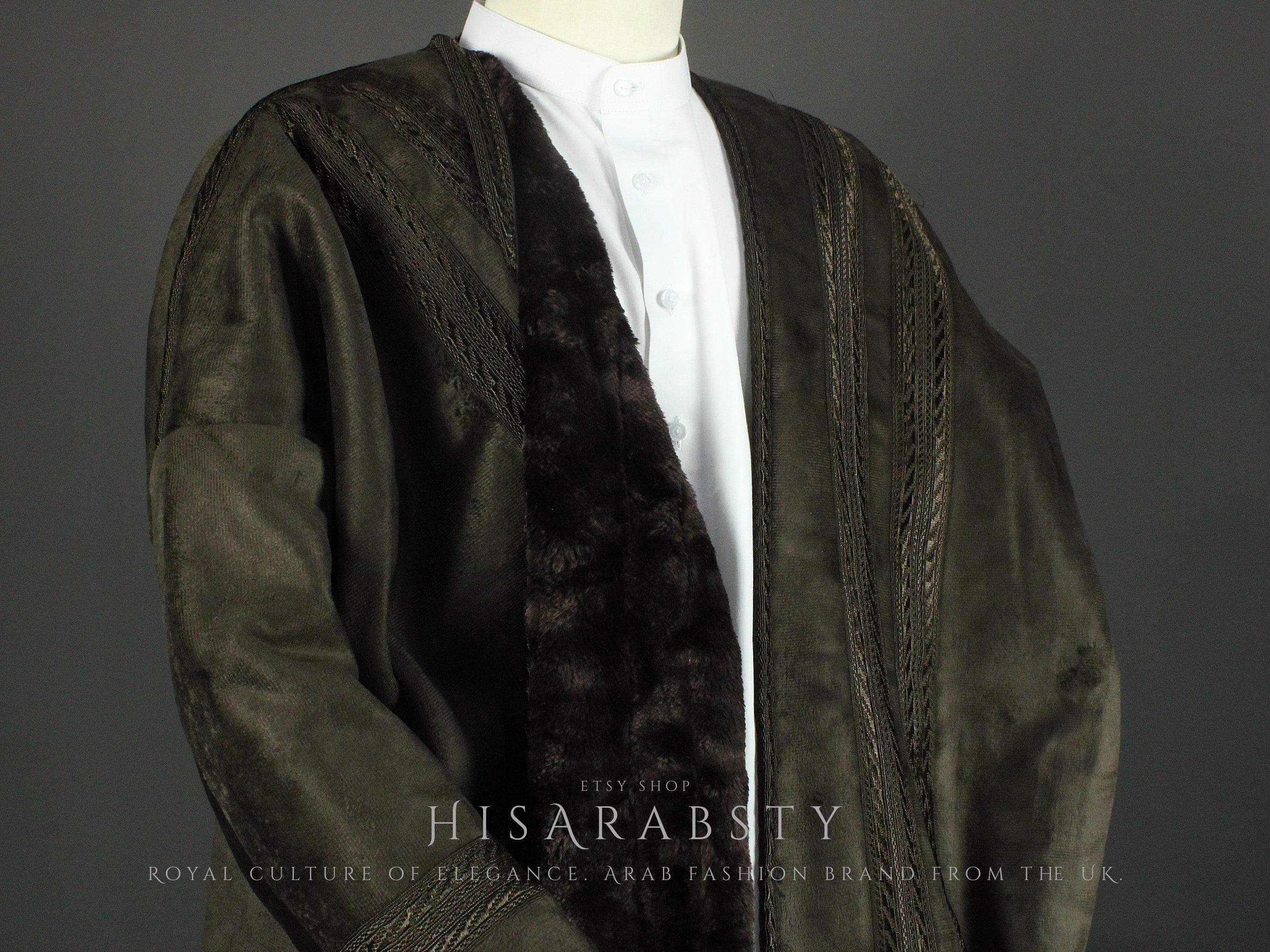 Unique Dark Olive Green Colour Farwa Bisht Cozy Arabian Coat Fur Lined Warm Winter Coat Arabic Abaya Quality Arab Attire Perfect For Winter