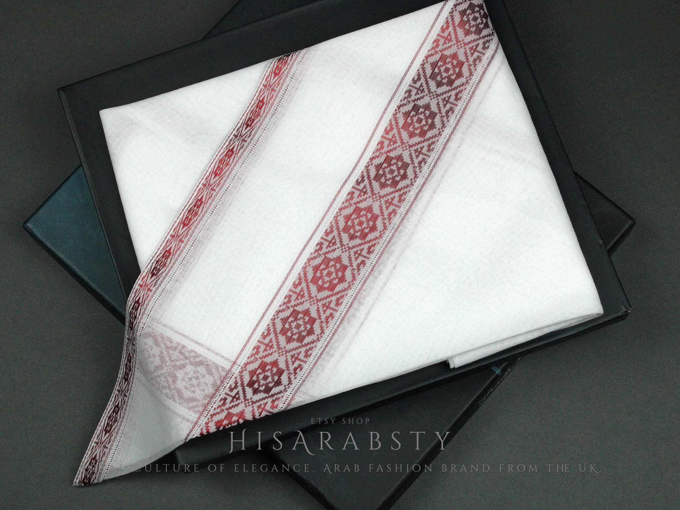 Authentic White and Red Embroidered Premium Emirati Qatari Ghutra Scarf Rare Shemagh Soft Keffiyeh Imamah Voile Yashmagh Fancy Headwear AR20